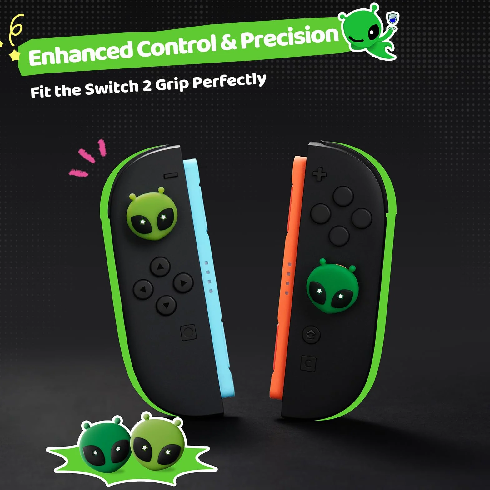 GeekShare Uchwyty na kciuki do Switch 2 (2025), wymienne nakładki na przyciski, nakładki na kciuk, osłonki joysticków kompatybilne z Switch 2, wygodne i trwałe (4 szt.) (Alien Attack)