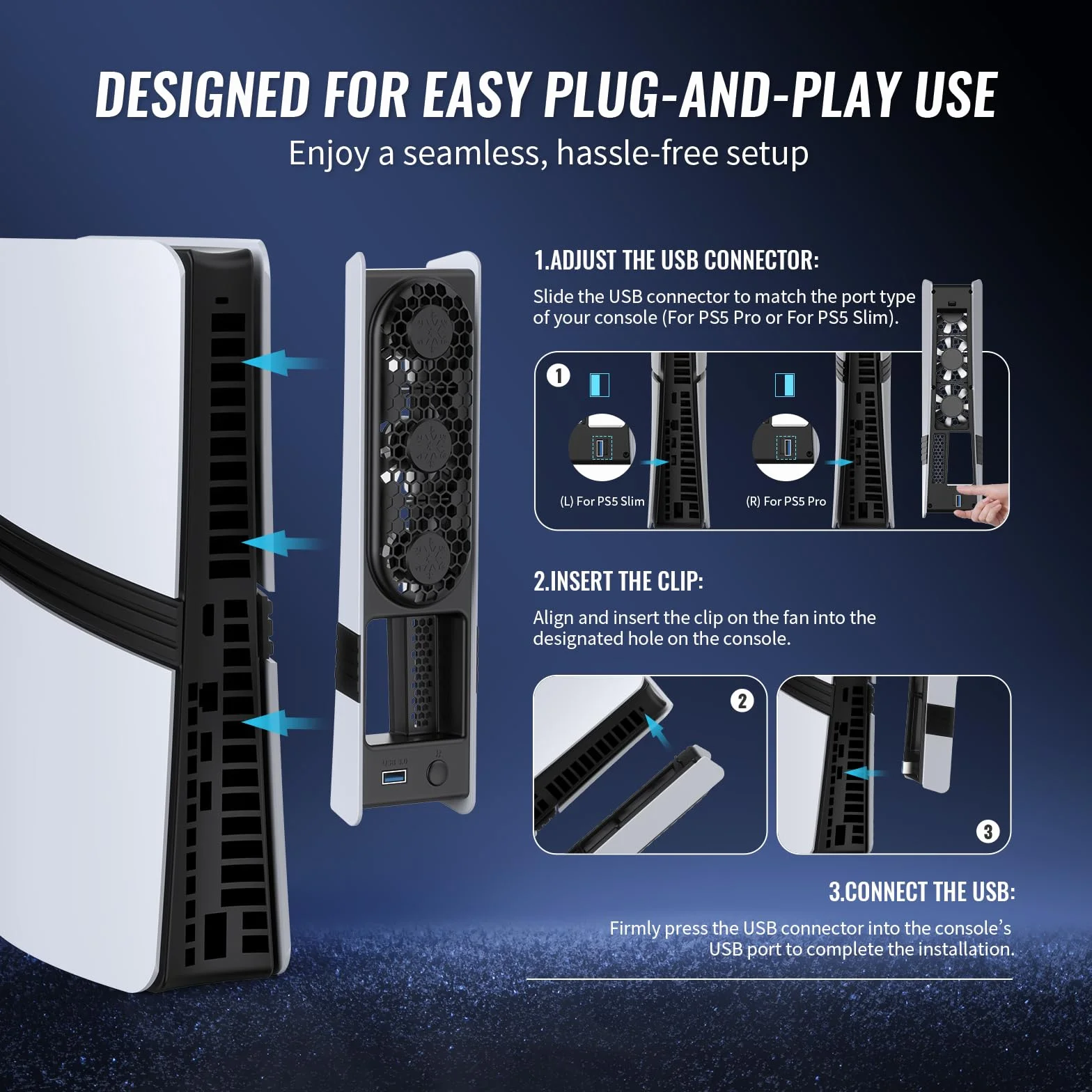Wentylator chłodzący do konsoli PS5 Pro/Slim - szybkie chłodzenie z automatyczną regulacją temperatury, niski poziom hałasu, oświetlenie RGB i port USB 3.0 dla graczy i entuzjastów konsol,