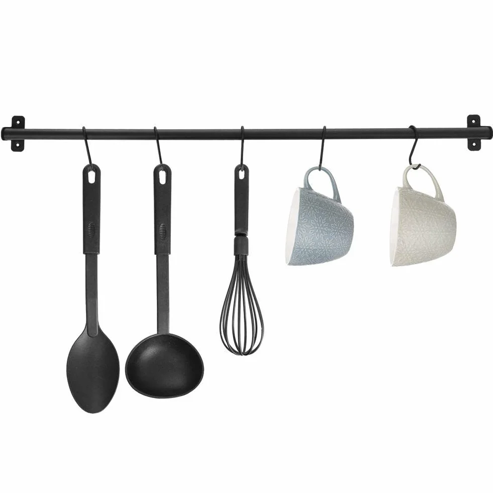 Orion Group listwa z haczykami na przybory kuchenne, reling kuchenny metalowy, czarny, 78,5 cm, 5 haczyków