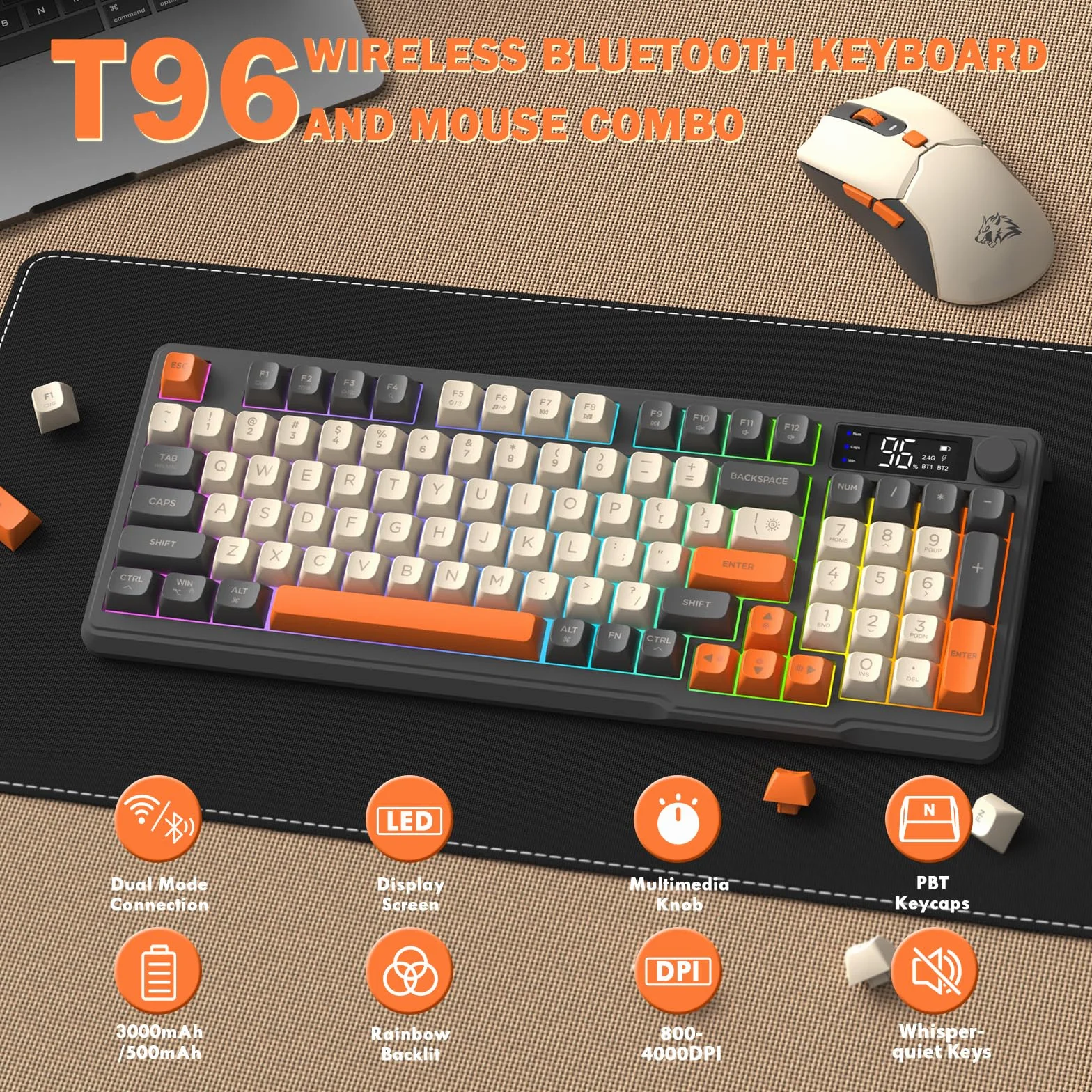 ZIYOU LANG×FREEWOLF T96 Bezprzewodowa Klawiatura i Mysz do Gier, Bluetooth/2,4 GHz, Mądry Pokaz i Pokrętło, Podświetlenie Tęcza Diodą, Klawiatura QWERTY Akumulatorem i Radiowy Komputer Myszą-Shimmer