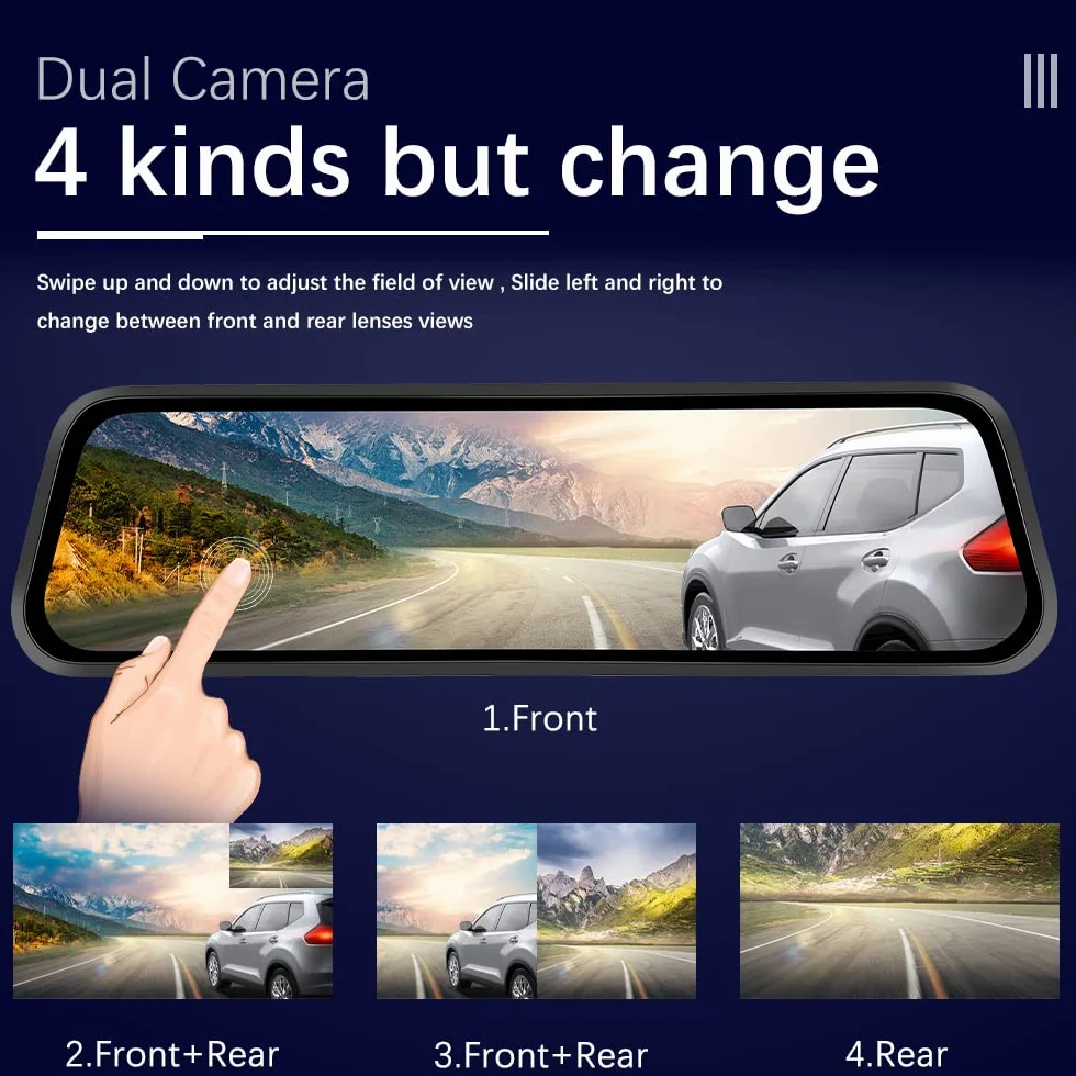 Kamera samochodowa 1080P HD Dashcam z ekranem dotykowym 9.66, przednie i tylne lusterko, G-sensor, nagrywanie w pętli, monitor parkowania 24H, przewodnik parkowania, noktowizor, wodoodporny