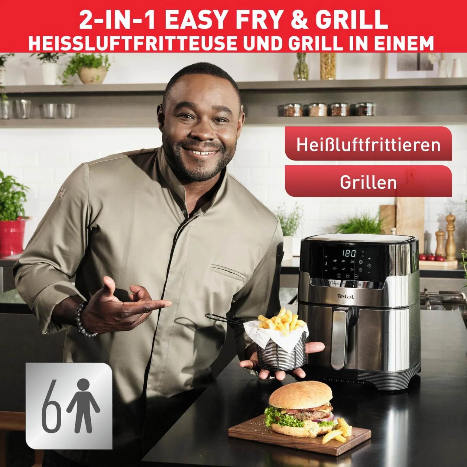 Tefal EY505D Easy Fry & Grill frytkownica na gorące powietrze 2 w 1 Air Fryer i grill cyfrowy wyświetlacz 4,2 l 6 porcji 8 programów