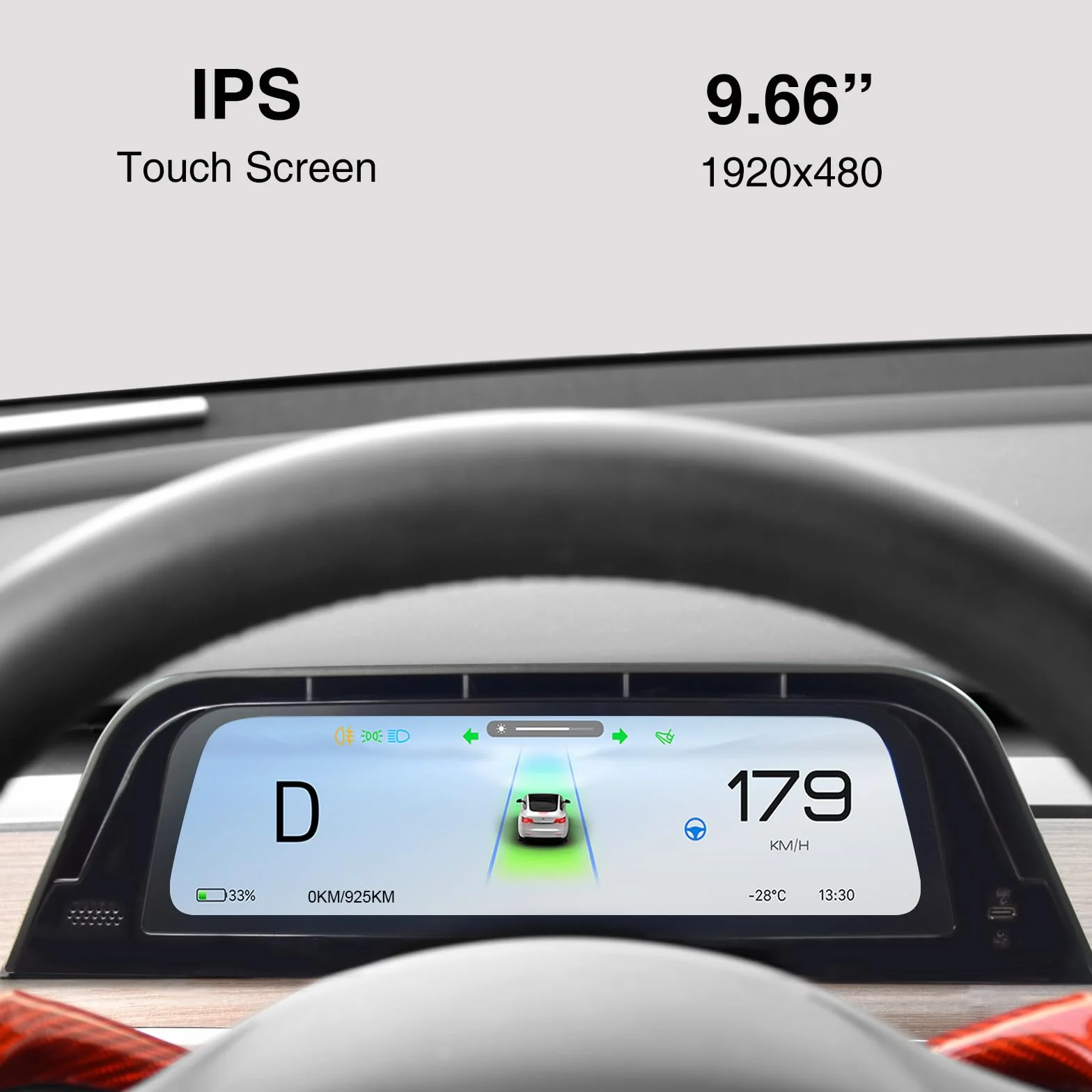 Wyświetlacz Head-Up z otworem wentylacyjnym do Tesli Model Y 2019-2024 i Model 3 2017-2023 Ekran 9,66" - bezprzewodowy CarPlay Android Auto, martwy punkt, ekran antyodblaskowy