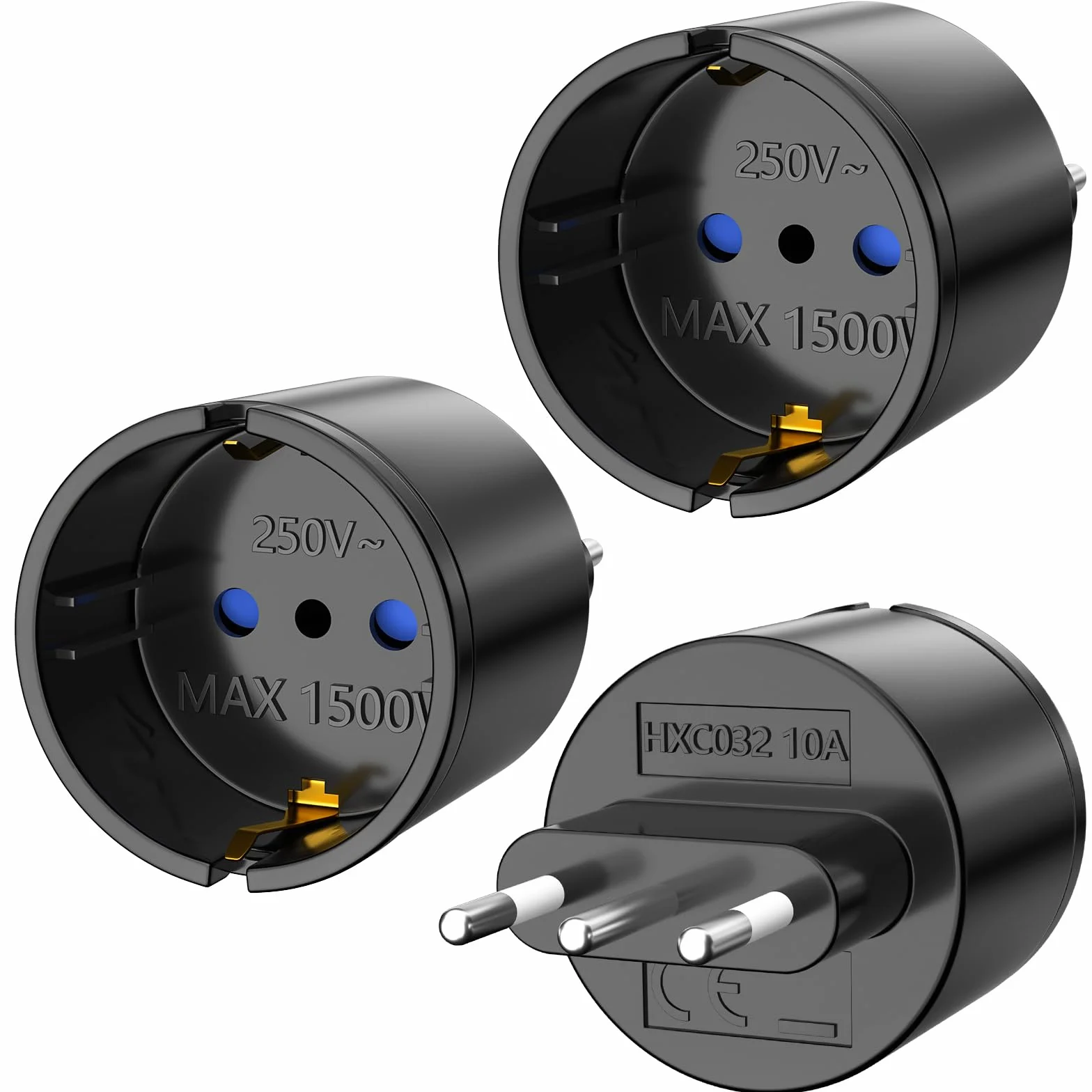 Adapter podróżny, 3-pak Adapter wtyczki podróżnej z DE na IT 2-pinowa wtyczka europejska do 3-pinowej wtyczki włoskiej typu L Adapter Schuko z UE do Włoch Chile Czarny