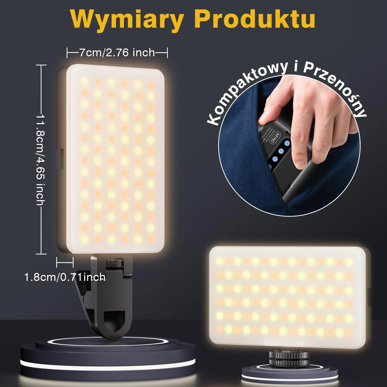 90 LED Przenośne światło Wypełniające z 3 Trybami świecenia i 10 Poziomami Jasności, CRI 95+ Akumulatorowe światło do Selfie o Mocy 1800mAh z Klipsem, do Telefonu, Laptopa, Aparatu