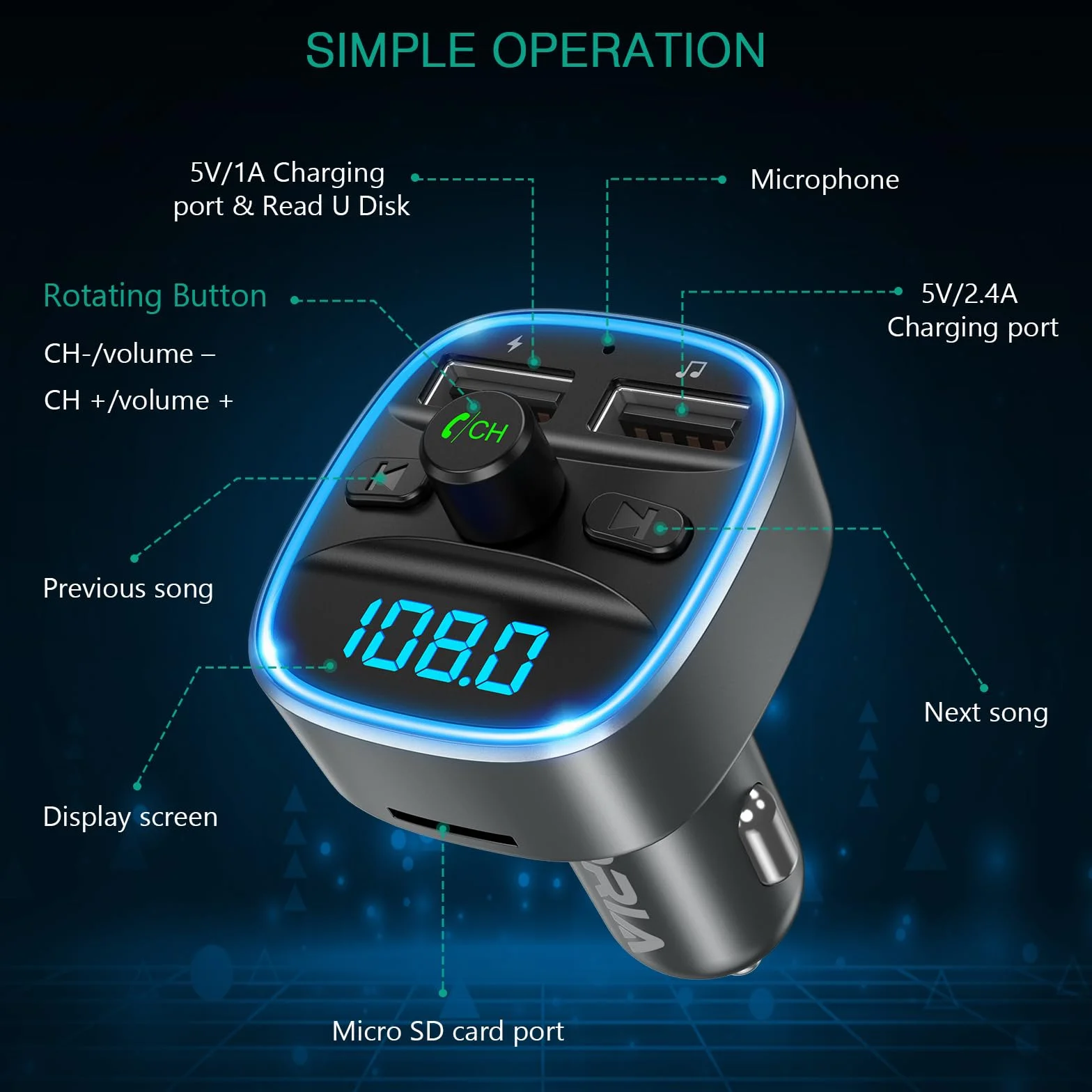 ORIA Samochodowy nadajnik FM Bluetooth 5.3, bezprzewodowy nadajnik radiowy, uniwersalna ładowarka samochodowa z podwójnym ładowaniem USB, zestaw głośnomówiący, odtwarzacz muzyczny, obsługuje kartę TF