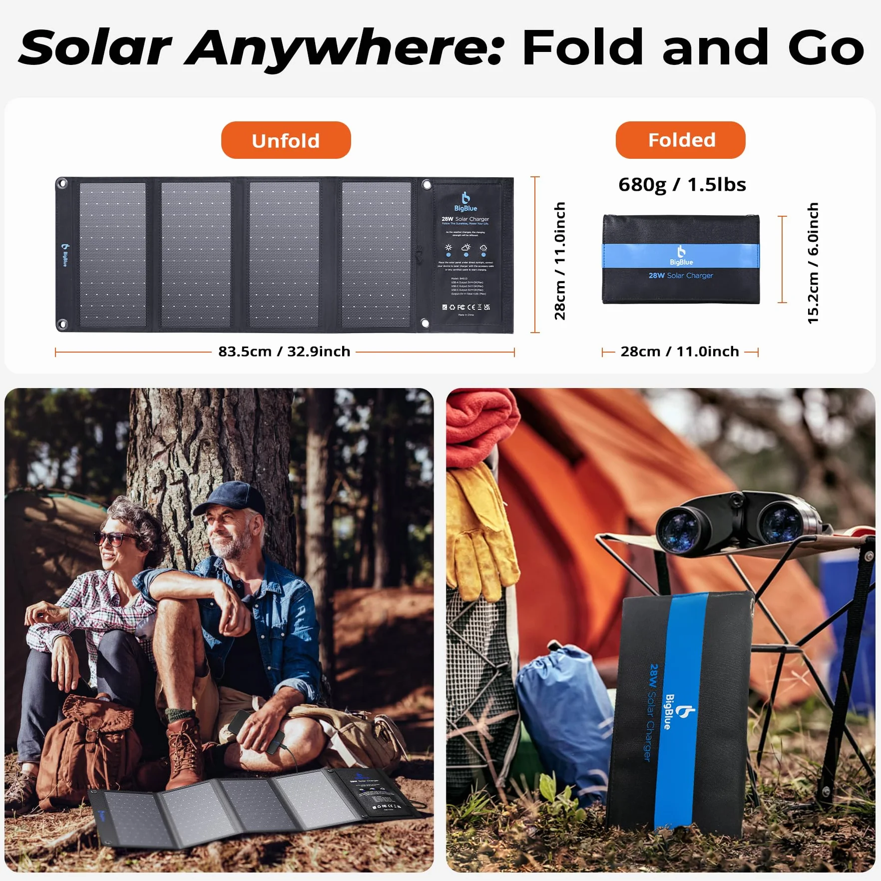 BigBlue 28 W składana ładowarka solarna z 2 USB-C + 1 USB-A (5 V/4,8 A łącznie) przenośny i wodoodporny IP44 panel słoneczny + 4 stalowe haki Kompatybilna z iPhone 15/14/13/12, iPad, Samsung Galaxy