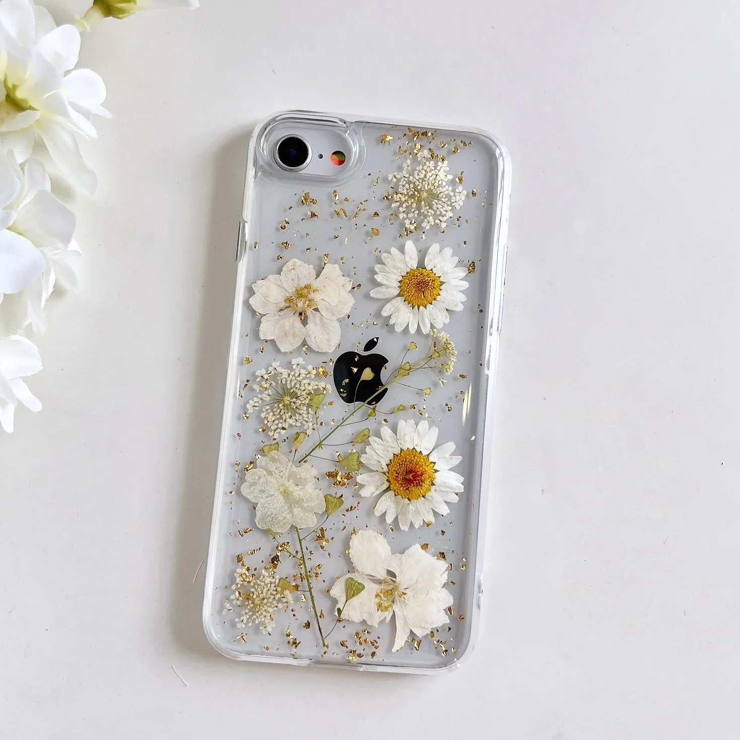 AMART na iPhone 7/8/SE 3/SE 2020 etui z kwiatami, przezroczyste etui z prawdziwymi suszonymi kwiatami, przezroczyste z motywem brokatu miękkie silikonowe etui ochronne na iPhone SE 3 (złoty kwiat)