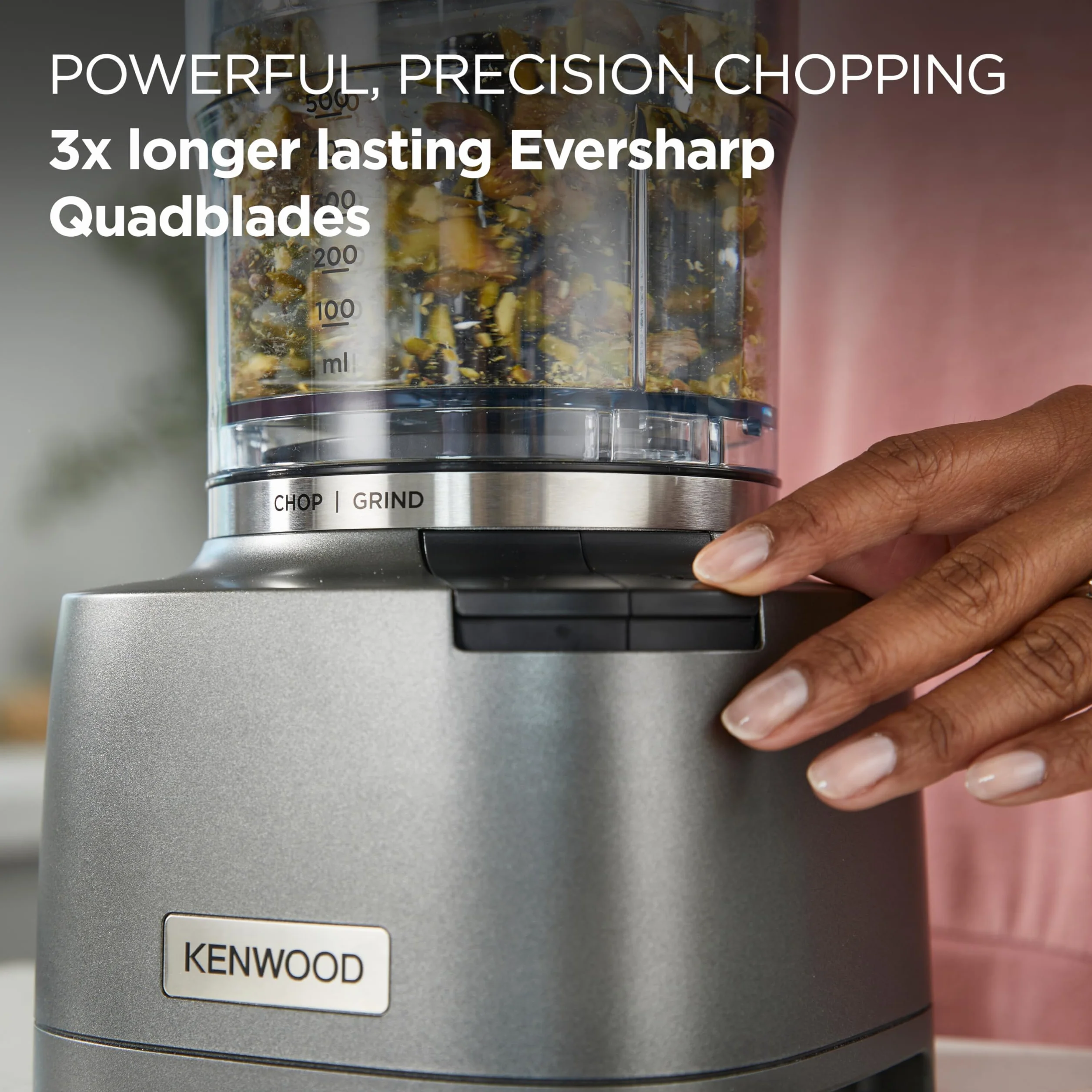 Kenwood Duo Prep CHP80 000SI model 2024, rozdrabniacz i młynek 2 w 1 z ząbkowanymi czterostrzowymi ostrzami, kompaktowy młynek szybkobieżny, antypoślizgowa podstawa, nadaje się do mycia w zmywarce,