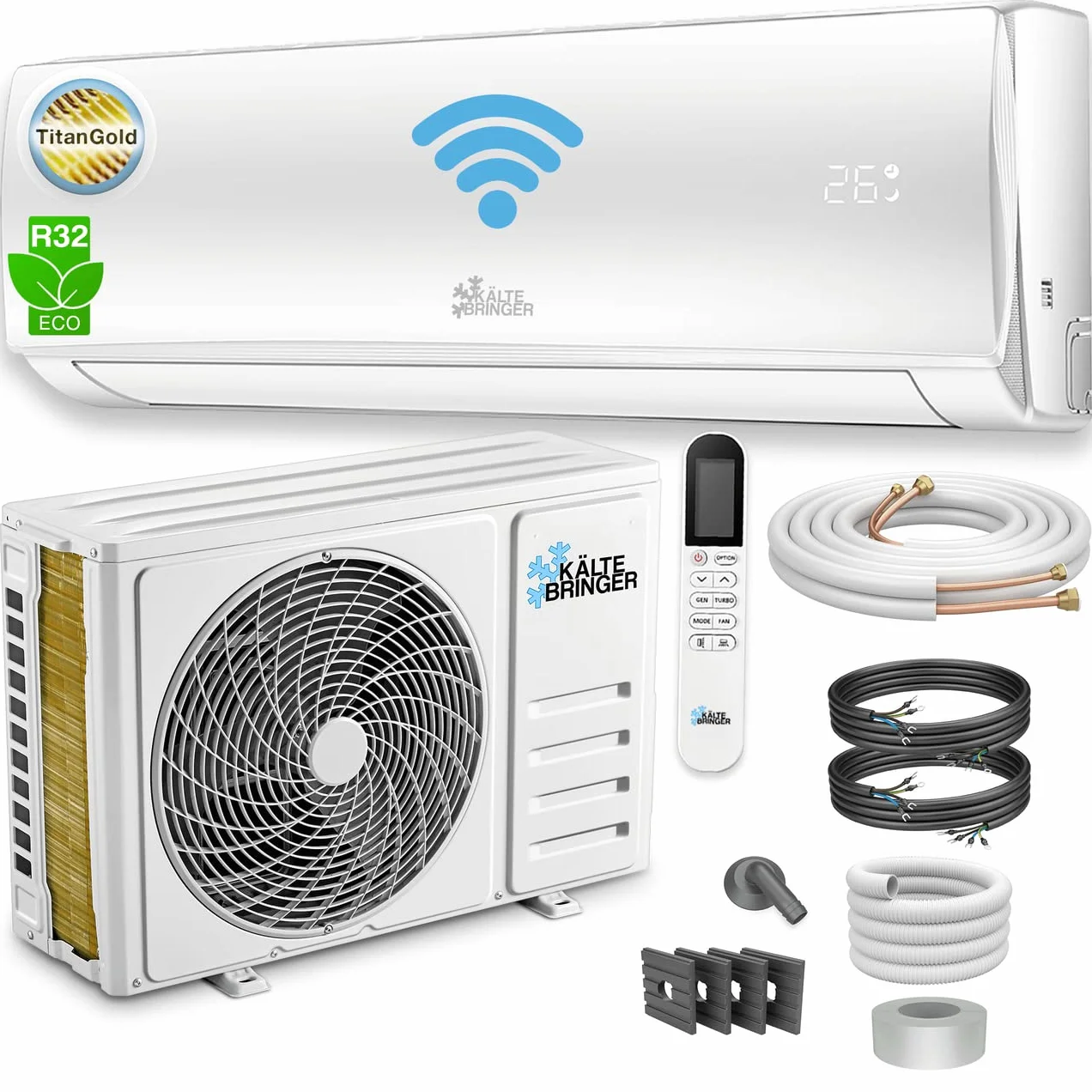 Kältebringer Klimatyzator typu Split – 12000 BTU – inwerterowy klimatyzator z funkcją ogrzewania, WiFi i aplikacją – do 55 m² – bardzo cichy – kompletny zestaw, przewód miedziany 5 m, czynnik