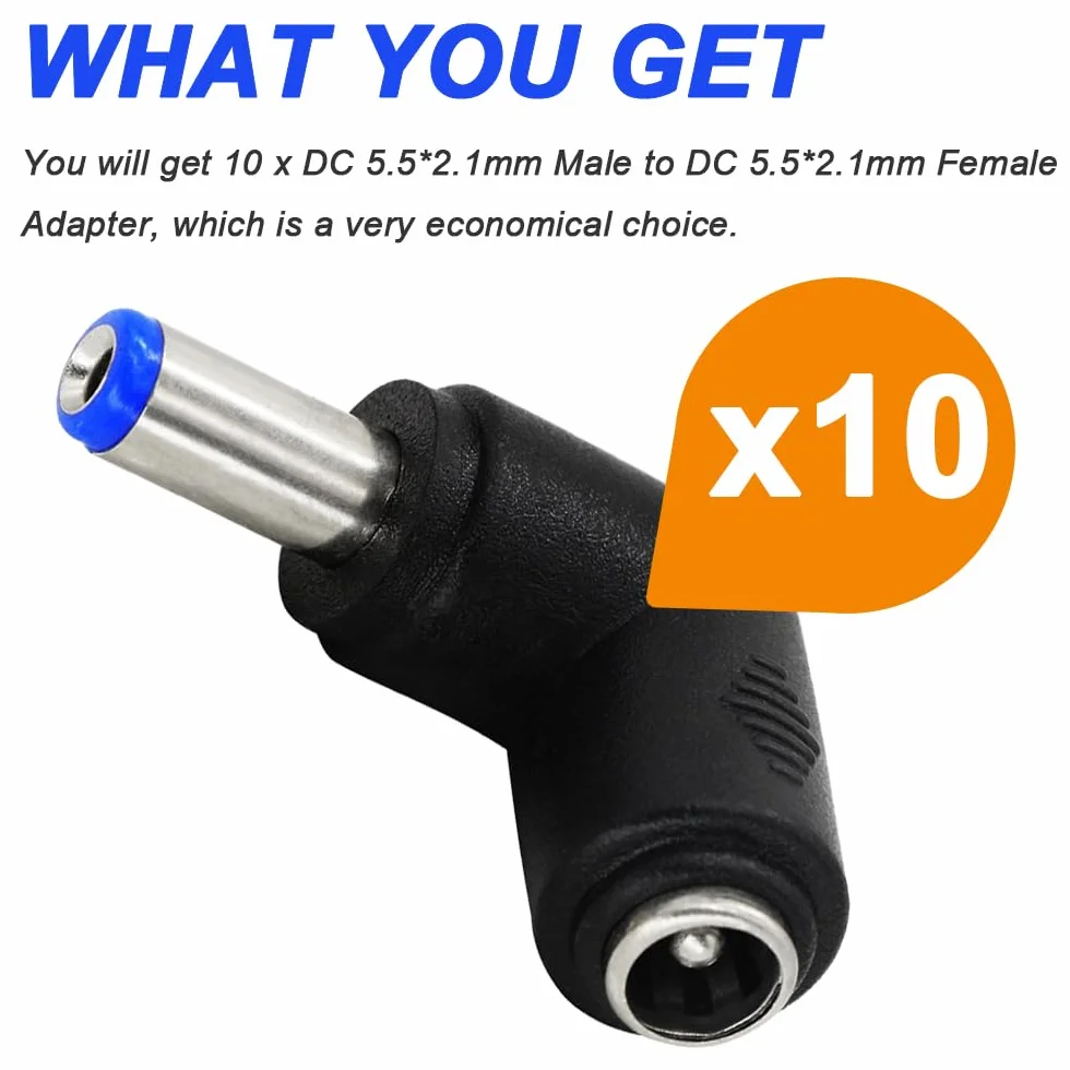 Adapter konwertera zasilania DC, kąt prosty 90 stopni 5,5 x 2,1 mm żeński na 5,5 x 2,1 mm męski DC wtyczka jack zasilania do laptopa, kabel DC (10 sztuk)