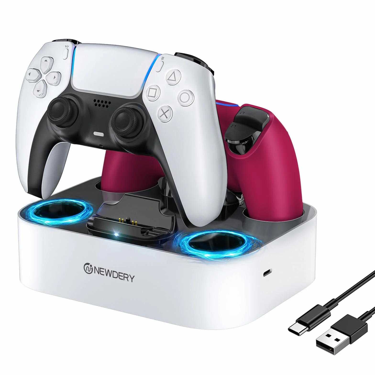 NEWDERY PS5 Kontroler Stacja ładująca Stacja ładująca Szybka ładowarka Kontrolery PlayStadion 5 Podwójny czujnik z diodami LED/Szybkie ładowanie/Ładowarka z potrójną ochroną