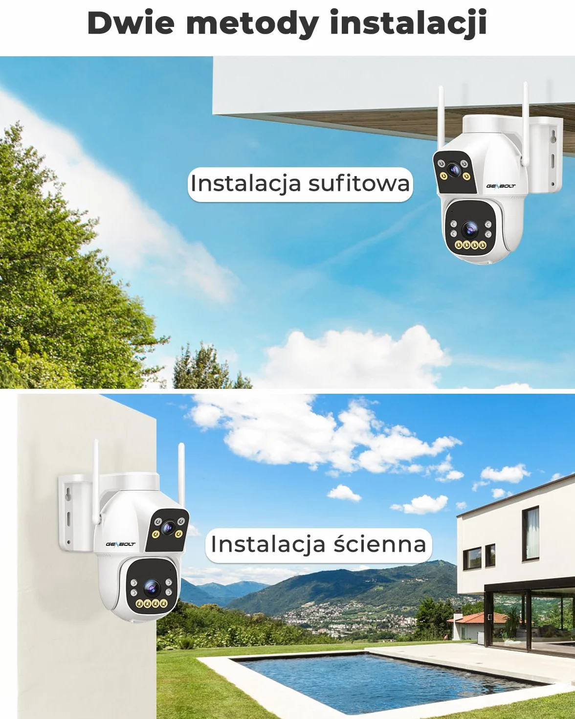 GENBOLT 2.5K AOV WiFi Kamera Zewnętrzna Solarna, Nagrywanie 24/7 3MP+3MP CCTV Zewnętrzna Kamera Monitoringu z wykrywaniem AI 90FT, Kamera IP Zewnętrzna 8W 15600mAh, Automatyczne śledzenie 2.4&5GHz