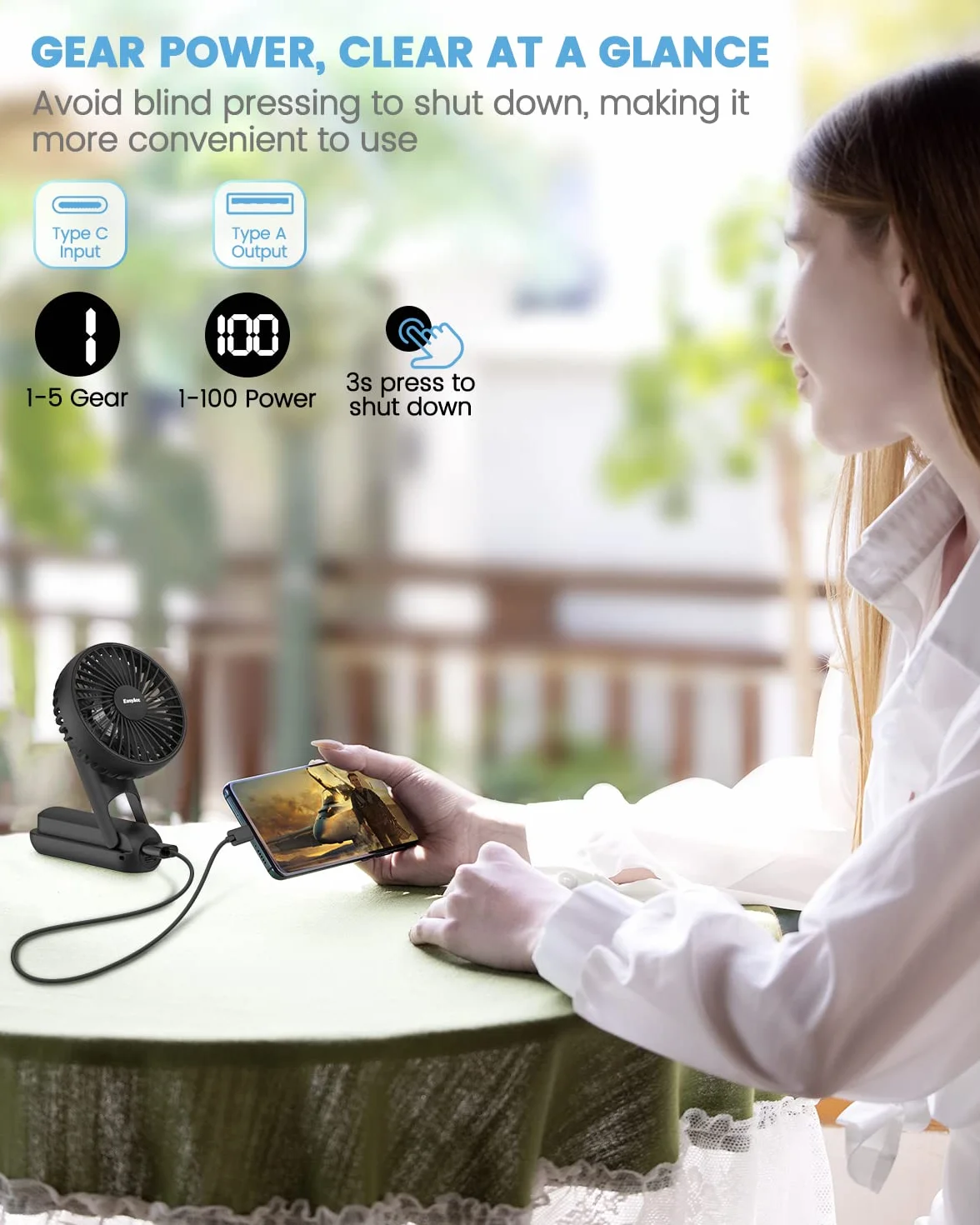 EasyAcc Przenośny mini wentylator ręczny, 5 prędkości, 18 godzin, cyfrowy wyświetlacz, USB, mały akumulator, składany, ręczny wentylator do podróży, biura, domu, na zewnątrz