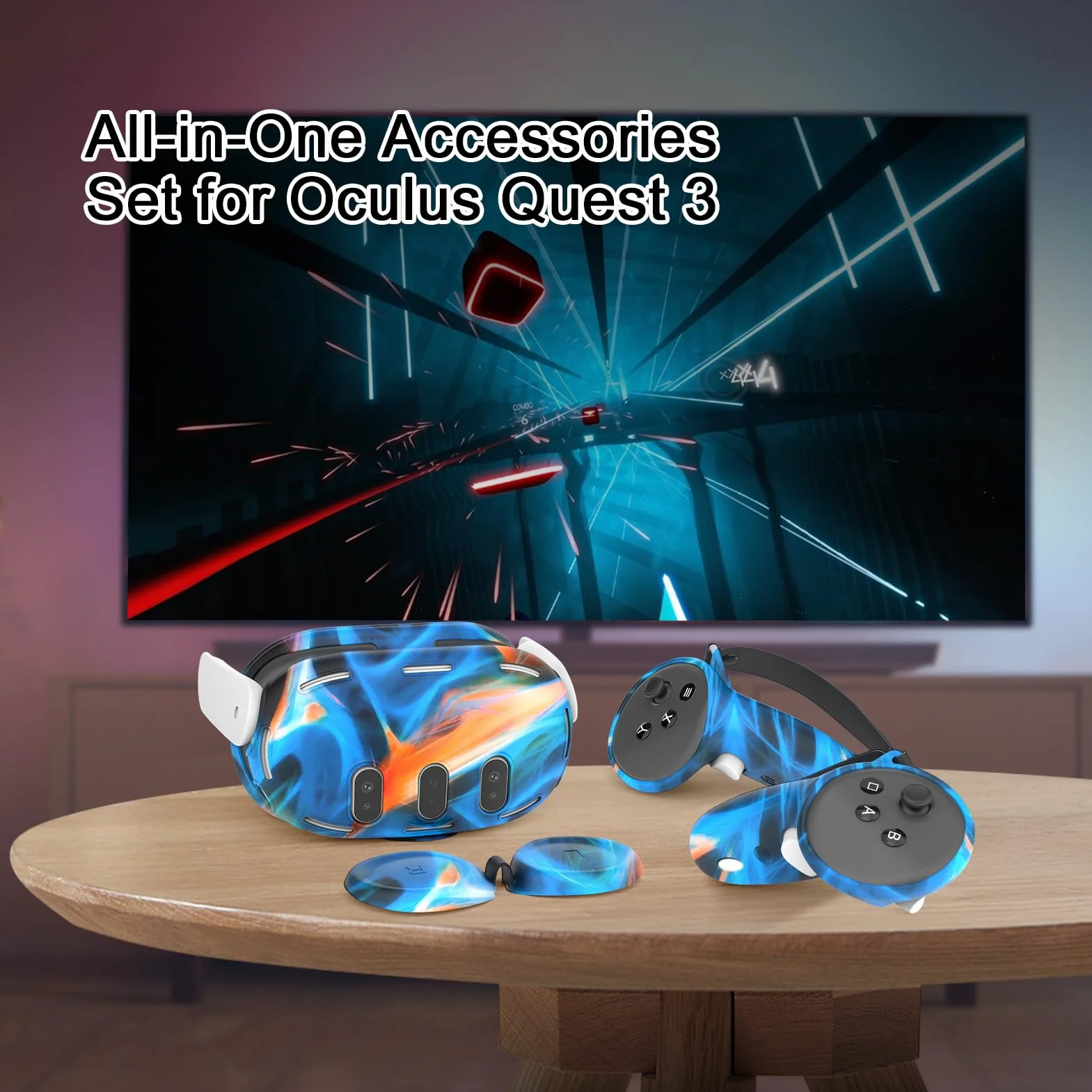 Silikonowe etui VR kompatybilne z Meta/Oculus Quest 3, zestaw akcesoriów VR, zawiera skórzaną osłonę uchwytu kontrolera, osłonę obudowy VR, osłonę twarzy, osłonę obiektywu (Aurora Blue 2)