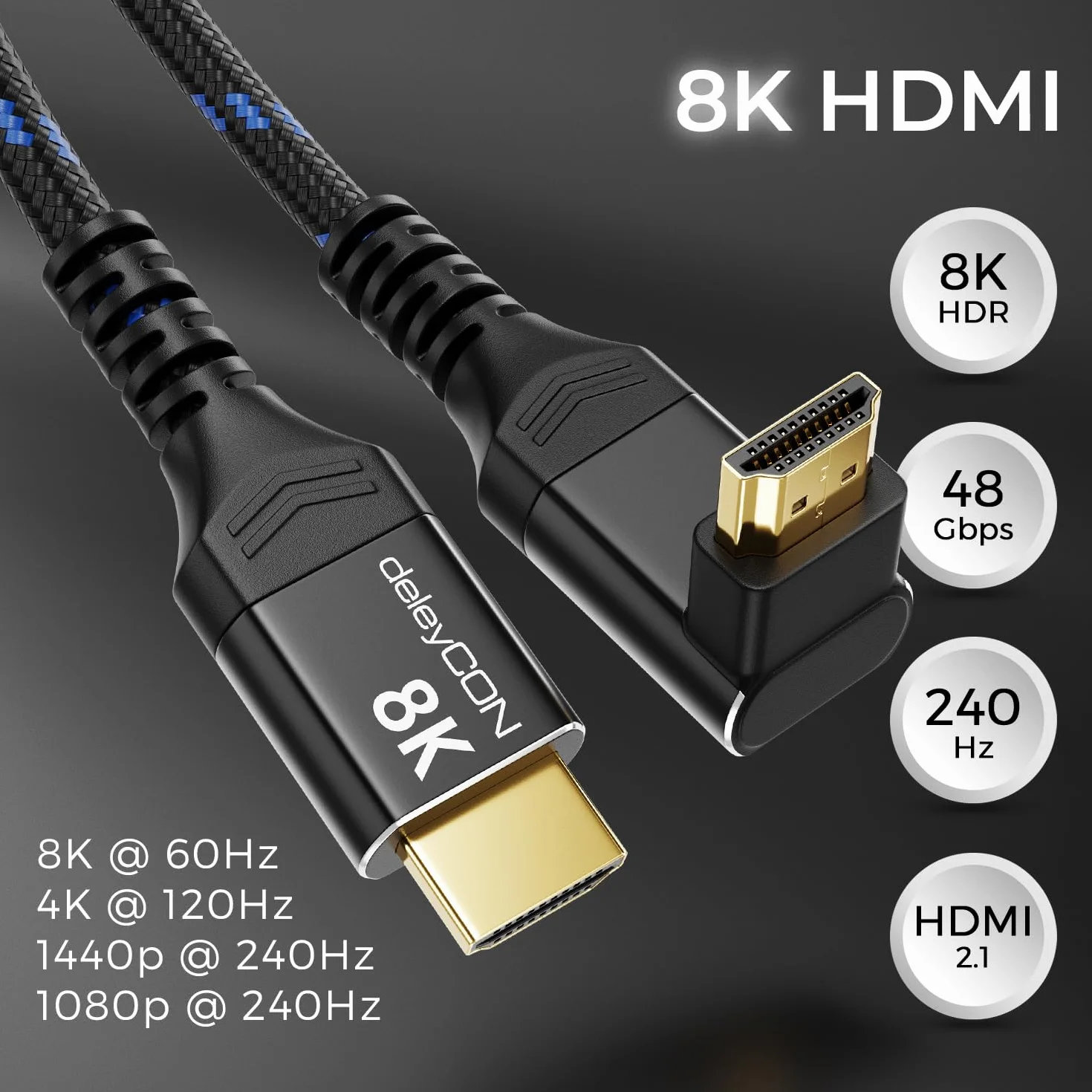 deleyCON 8K HDMI 2.1 Kabel 5m kątowy (Kąt 270° Stopni) do TV, Monitora, PS4, PS5, Dolby Atmos Soundbar EARC, HDR10+, Ultra High Speed Cable 48Gbps - 10K/8K@60Hz, 4K@120Hz/144Hz, 2K@240Hz