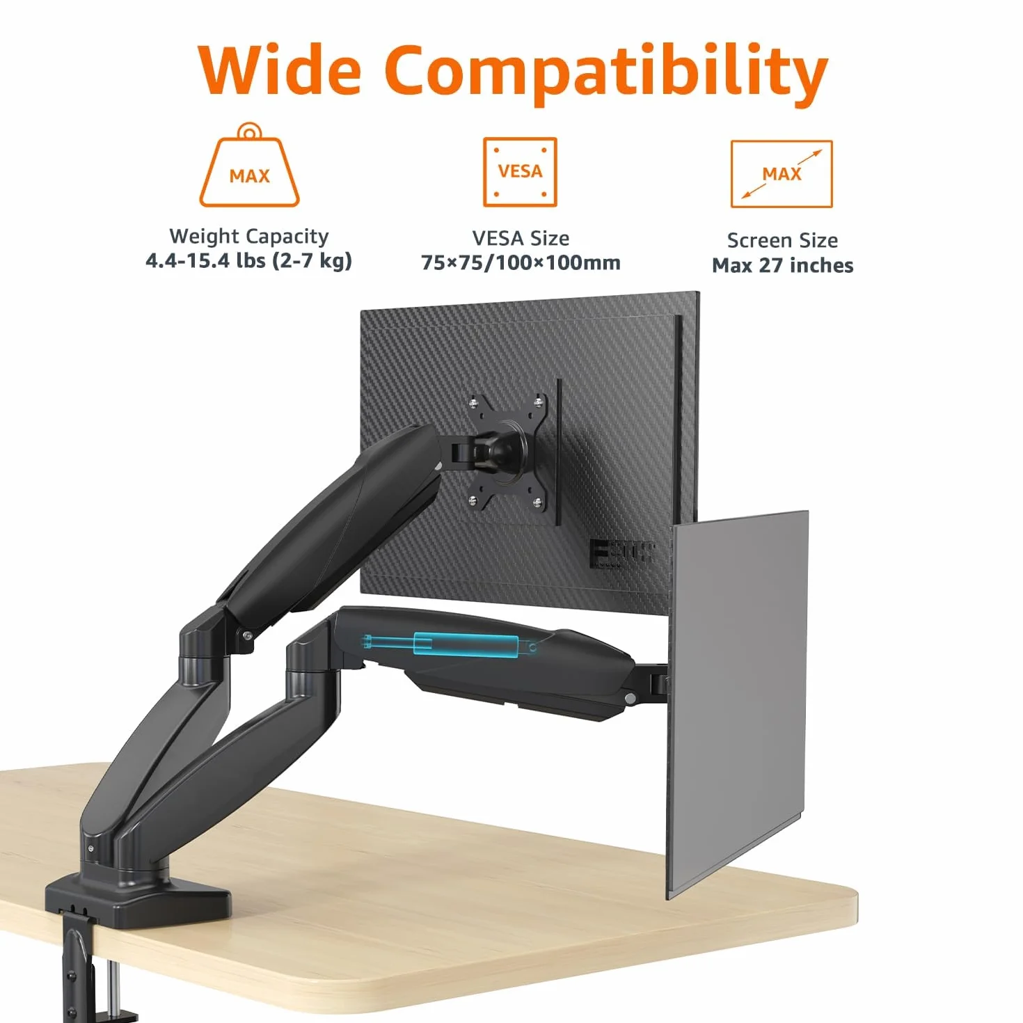 Amazon Basics Uchwyt Biurkowy na Dwa Monitory Komputerowe, Ramię Monitora ze Sprężyną Gazową, Regulacja, do Monitorów o Przekątnej do 27 Cali (68,6 cm), Czarny
