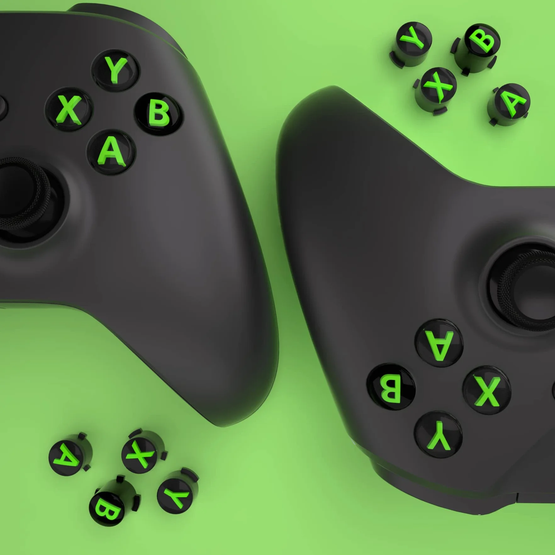 eXtremeRate Wymiana Custom ABXY Action Buttons dla Xbox Series X & S Controller, Three-Tone Czarny & Przezroczysty z Zielony Klasycznymi Symbolami Klawisze A B X Y dla Xbox One S/X, Elite V1/V2 Controller