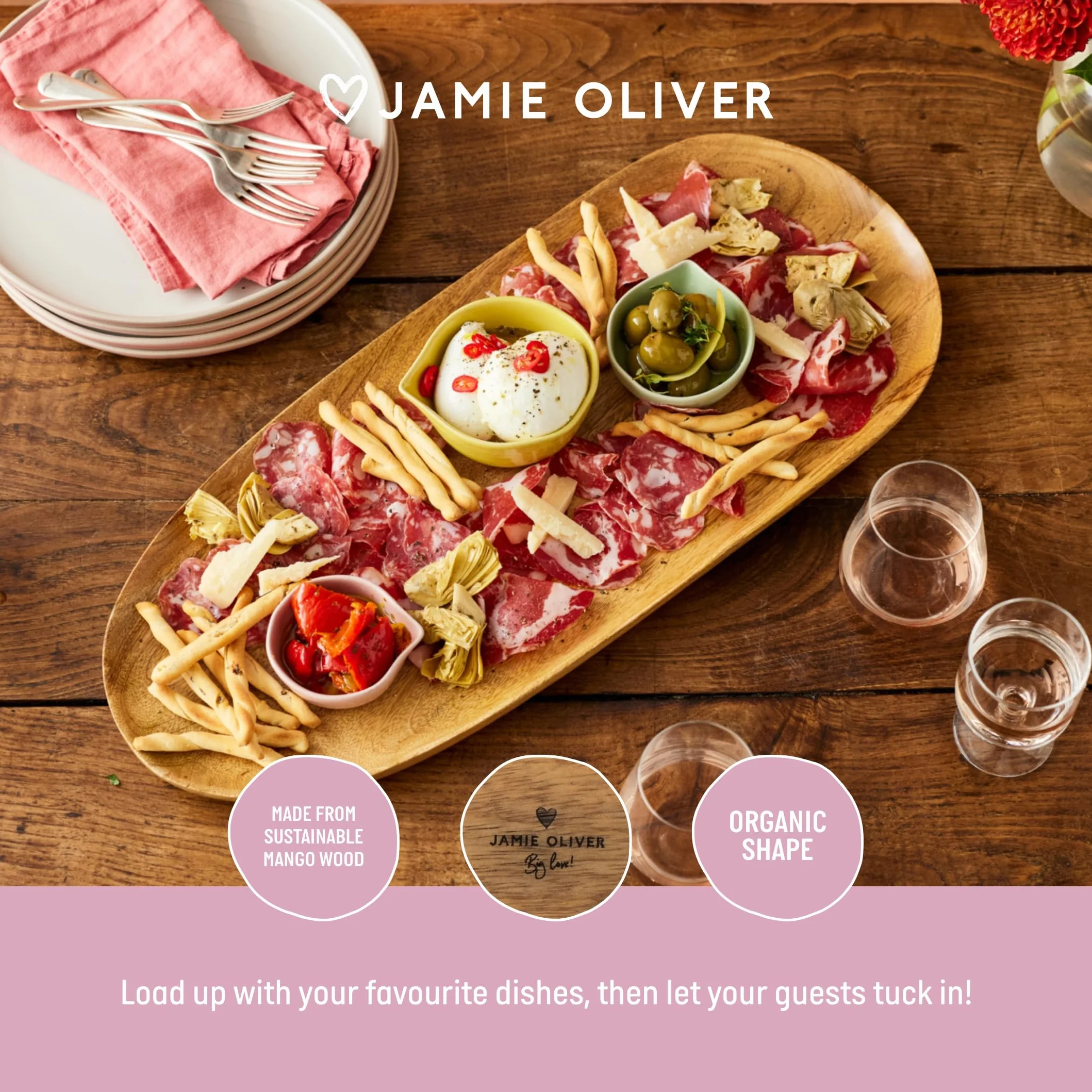 Jamie Oliver Big Love wszechstronna deska, wykonana z certyfikowanego przez FSC drewna mango, nieregularny owalny kształt, taca do serwowania, drewniane naczynia kuchenne, tylko pranie ręczne, 57 x 25