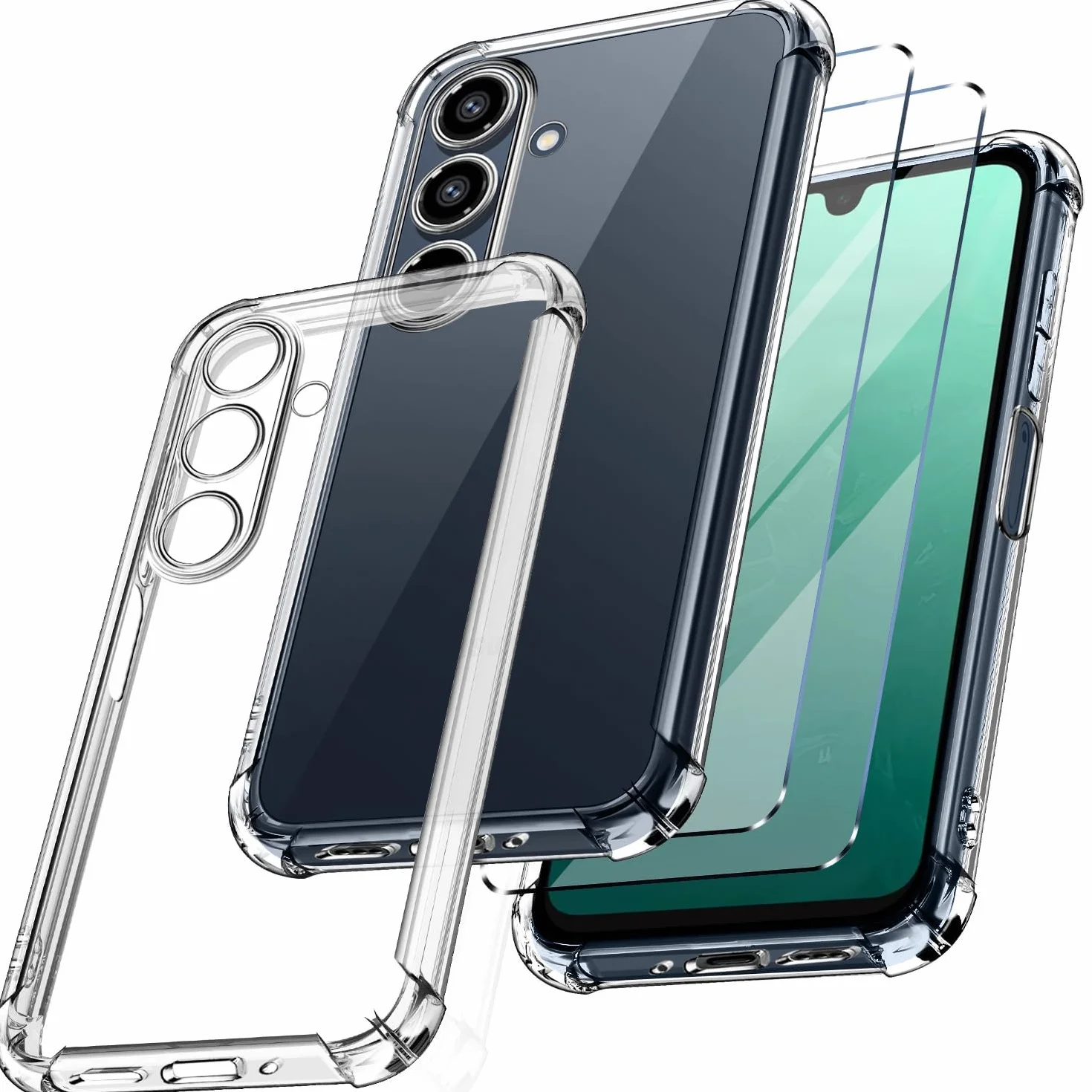 New&Teck Etui do Samsung Galaxy A16 4G/5G + 2 hartowane szkła ochronne na ekran, miękkie silikonowe etui TPU, zderzak ze wzmocnionymi narożnikami, przezroczysta ochrona (przezroczyste)