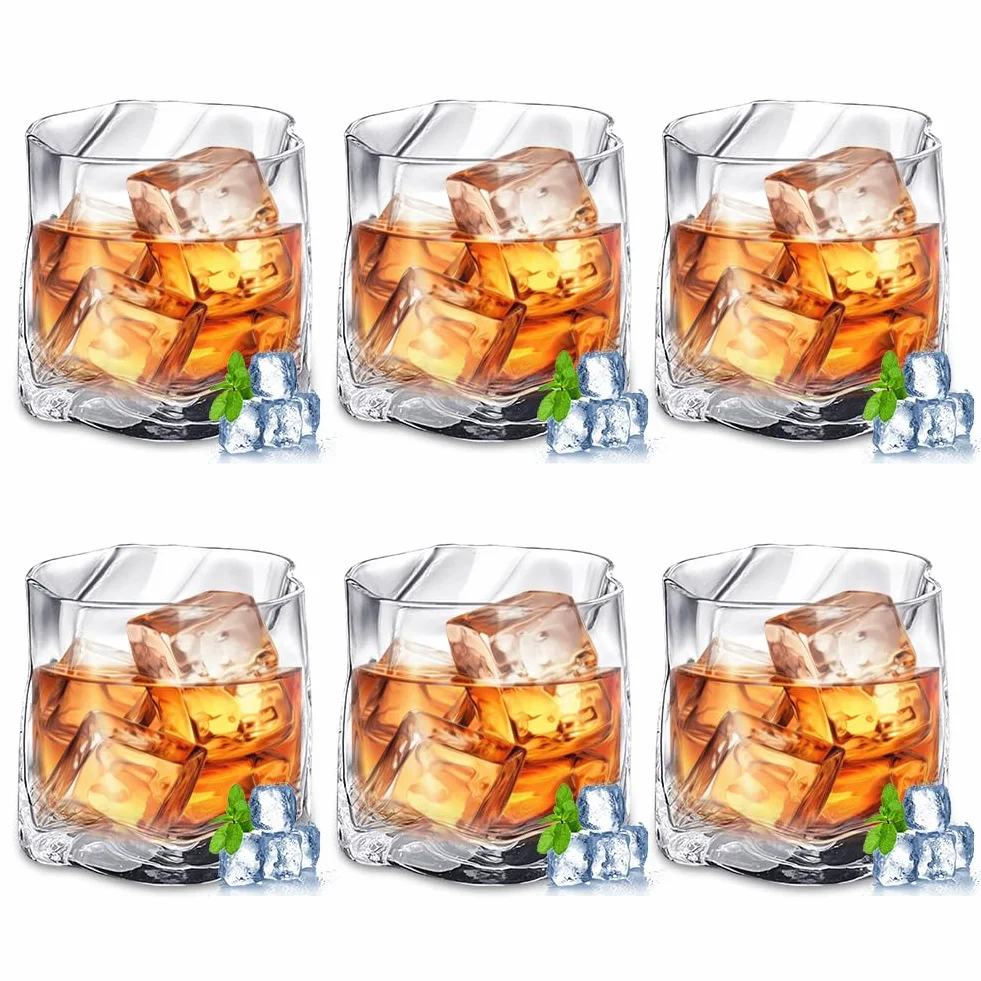 Szklanki do whisky, zestaw 6 sztuk, 200 ml, przezroczyste, nieregularne kryształowe szklanki do whisky, szklanki do mrożonej kawy, koktajli, koktajli, whisky, prezent dla mężczyzn