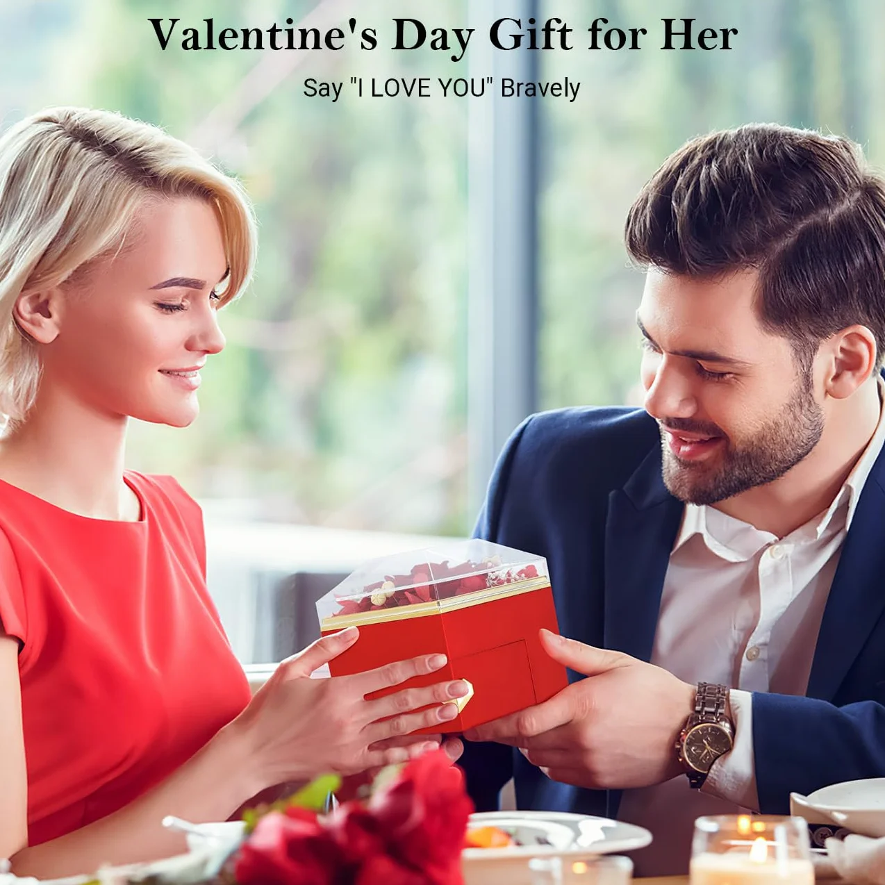 Emibele Preserved Real Rose with Heart Necklace, Eternal Flowers Rose Box with I Love You Necklace 100 Languages, Preserved Rose Jewelry Gift for Mom Women Her Wife Mother Valentine Day Grandma, Red