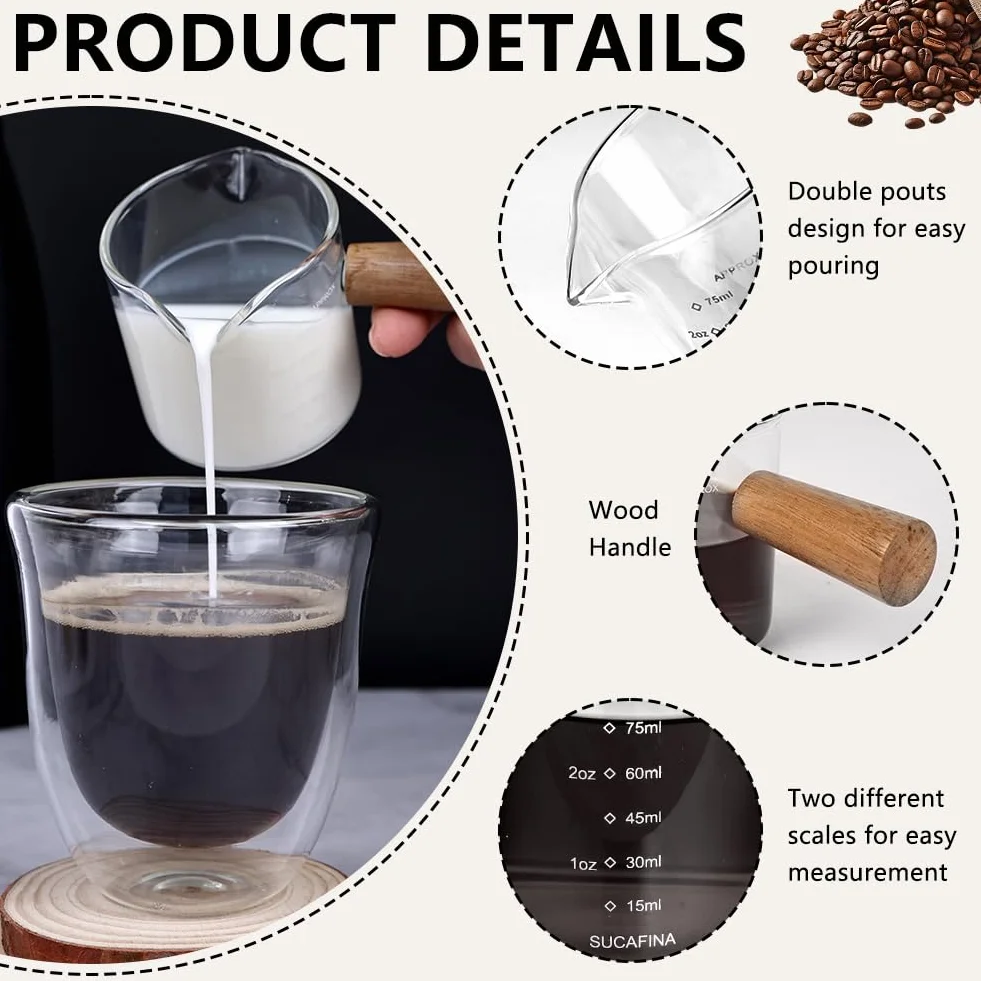 HOTUT Dzbanek z podwójną wylewką, z drewnianym uchwytem, do kawy espresso, z miarką, wylewka w kształcie litery V, podwójna, na mleko, do domu, biura, kawiarni, 75 ml