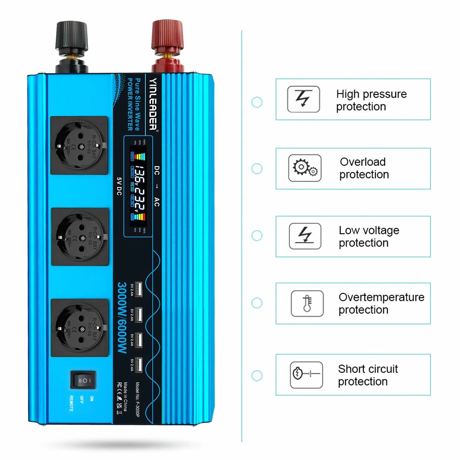 Przetwornica napięcia, 3000 W/6000 W, czysta sinusoida, 12 V, 230 V, z 3 europejskimi gniazdami i 4 portami USB, wyświetlacz LCD