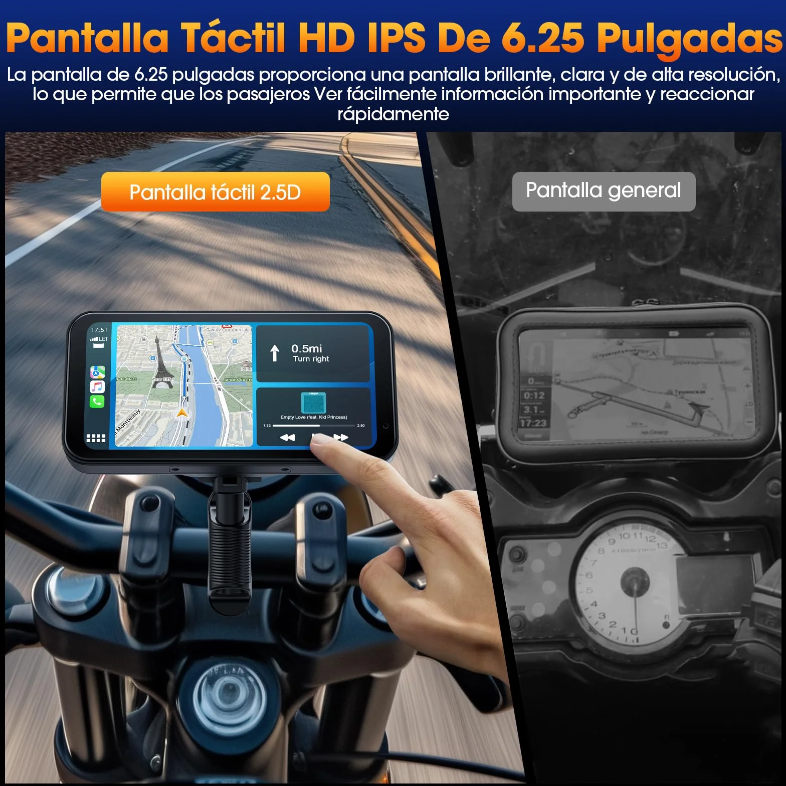 Volam Motocyklowy ekran Carplay z designerskim uchwytem do motocykli, bezprzewodowy CarPlay i Android Auto, przenośny ekran dotykowy 6,25", obsługuje nawigację/asystent głosowy