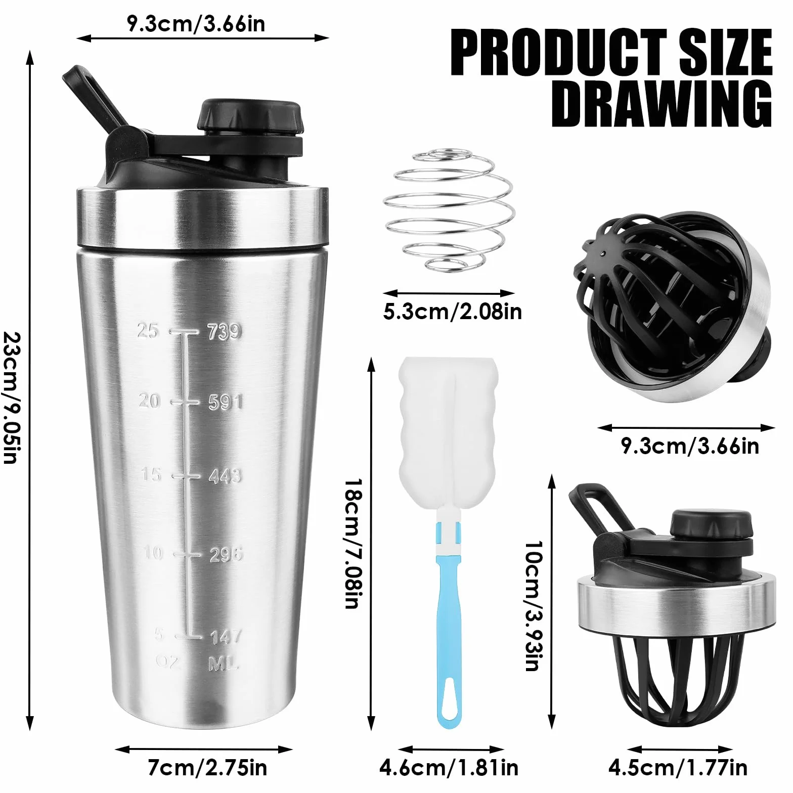Shaker proteinowy ze stali nierdzewnej 750 ml z kulką i uchwytem