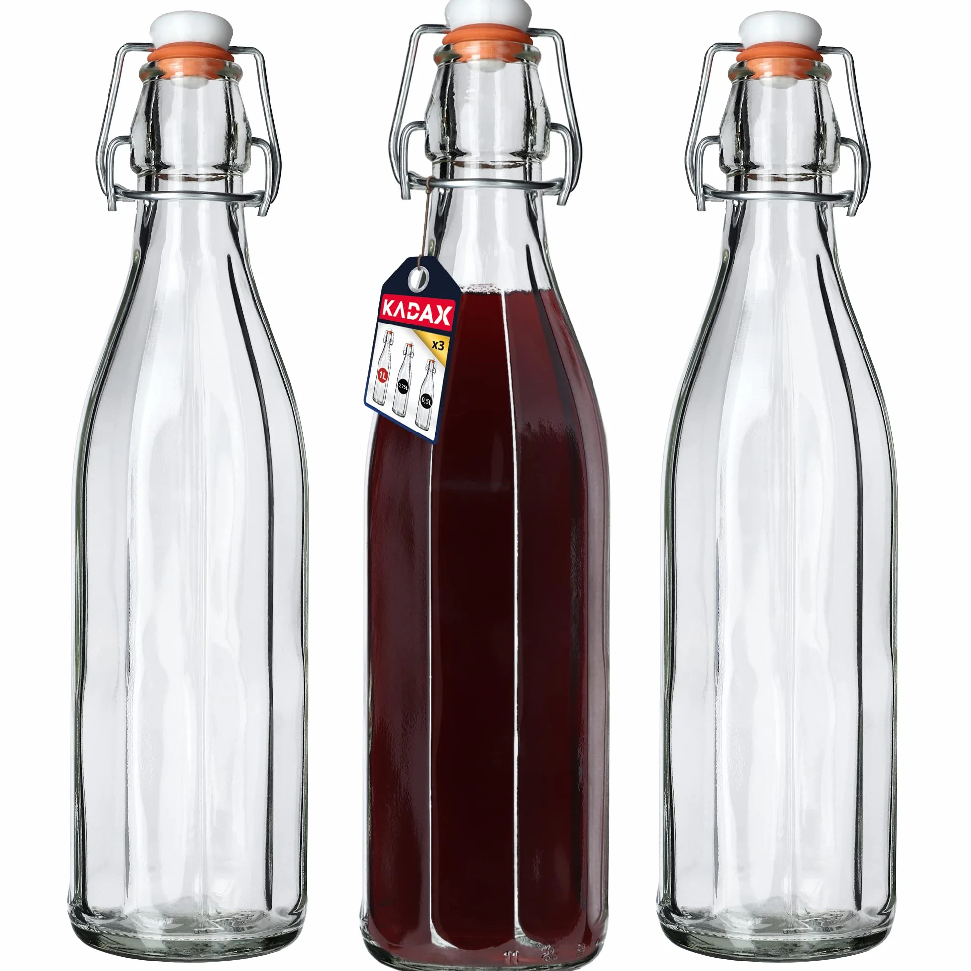 KADAX Zestaw 3 szt. Butelki z zamknięciem mechanicznym 1000 ml, szczelny korek z uszczelką, wytrzymałe szkło wielorazowe, do soków, nalewek i wody