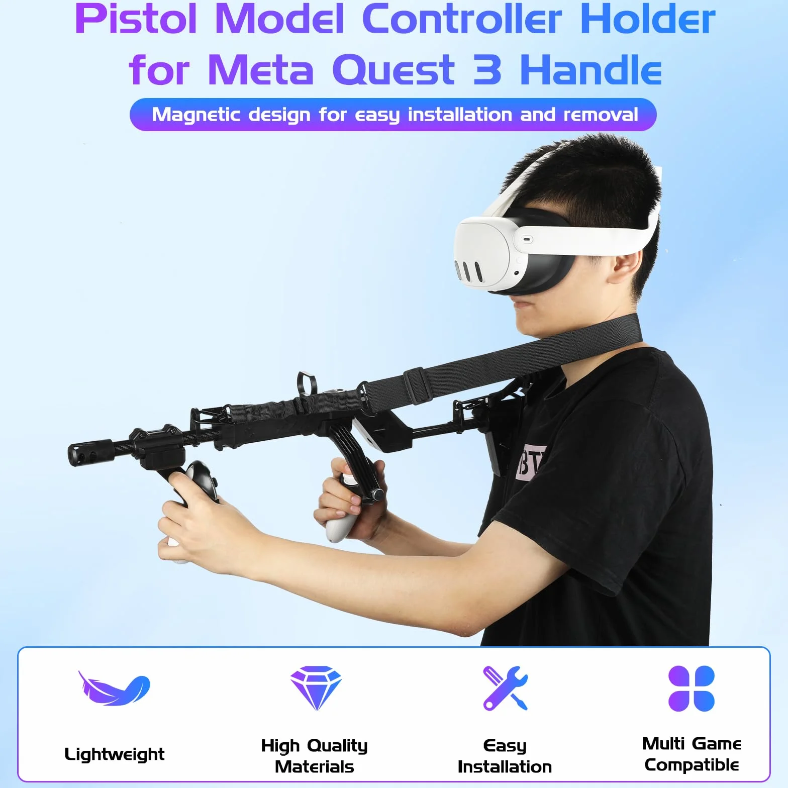 Kolba Pistoletu VR do Meta Quest 3, Uchwyt Kontrolera Strzelania, Akcesoria, Karabin Magnetyczny z Paskami na Ramię (Czarna)
