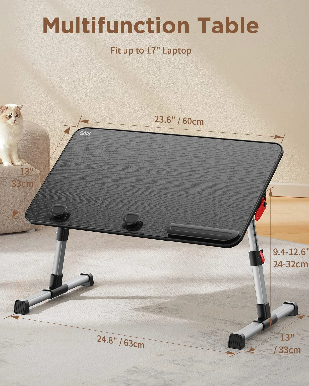 SAIJI stolik do łóżka z regulacją wysokości, z 4 regulowanymi kątami, składany stolik pod laptopa, na sofę, kanapę, podłogę, do pracy, czytania, pisania, jedzenia, pasuje do laptopa o przekątnej