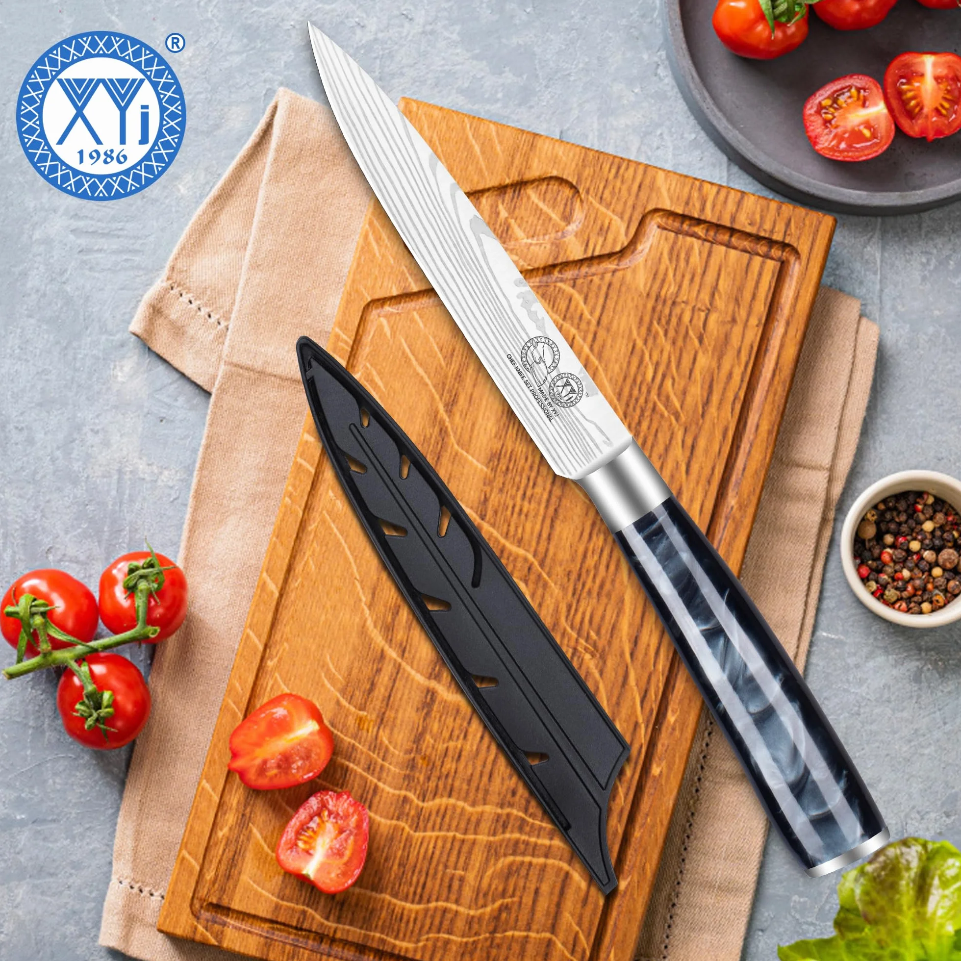 XYJ Kitchen Utility Knife,5 Inch Stainless Steel Steak Knife,Laser Damascus Pattern,Japanese Chef Knife Kitchen Cutlery,Meat Knife With Cover,Resin Handle