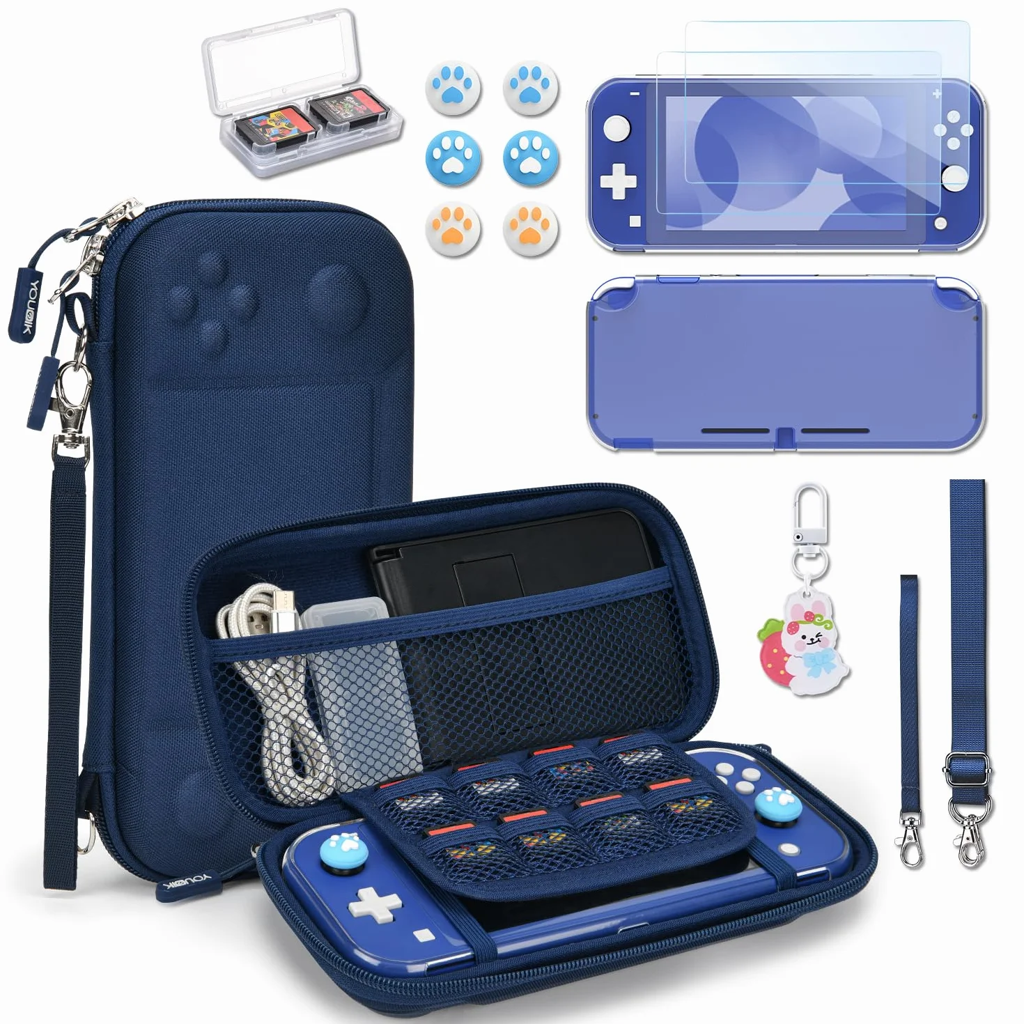 Younik Etui Switch Lite, 14 w 1 Zestaw Akcesoriów do Switch Lite z Etui na Przenoszenie, Przezroczyste Etui Ochronne, Etui na Karty Gry, 2 Ochrony Ekranu, 6 Gripy do Kciuka, Wisiorek, Niebieskie