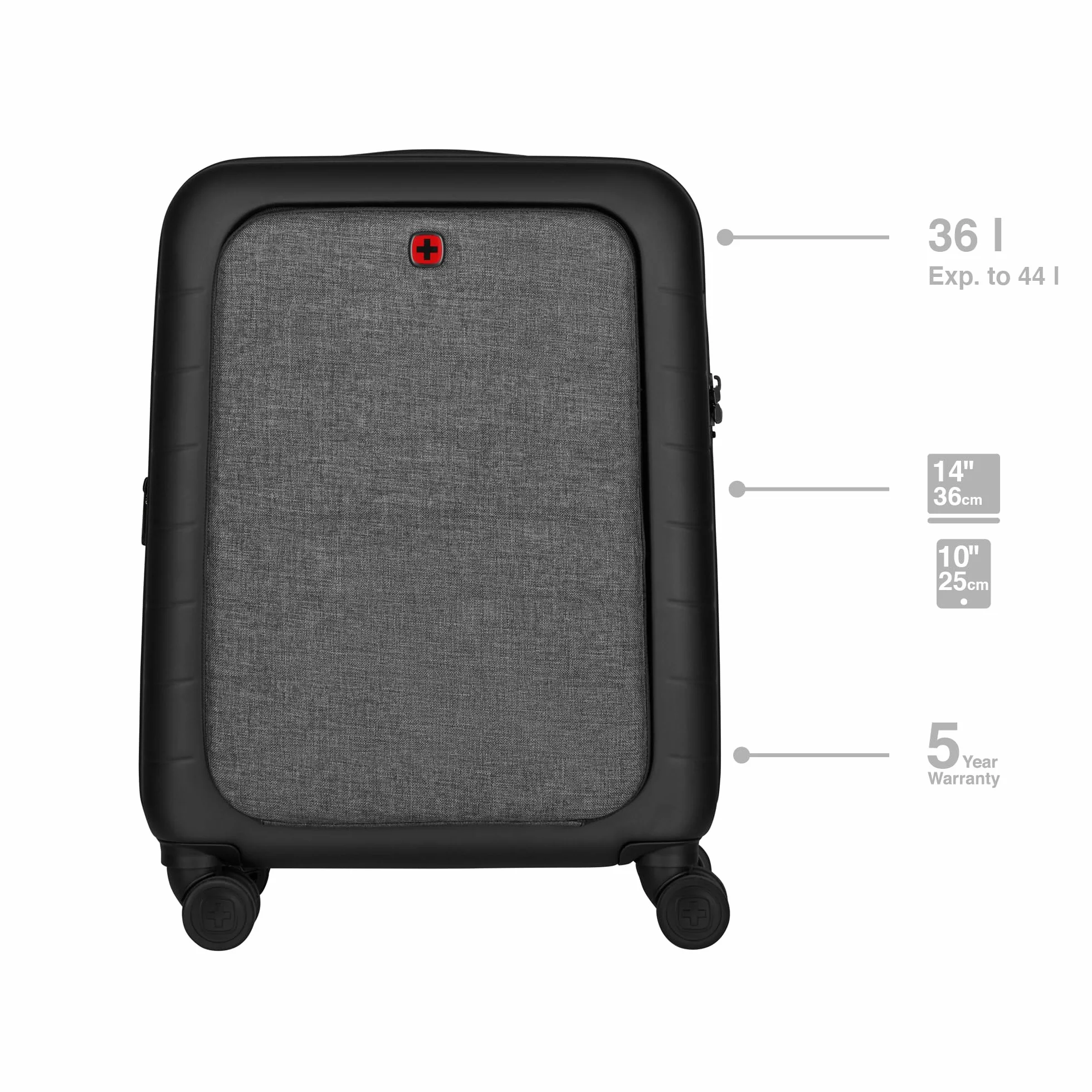 WENGER Syntry 610163 bagaż podręczny na kółkach z kieszenią na laptopa i tablet, notebook do 14", tablet do 10", 36 (44) l, twarda obudowa, dla kobiet i mężczyzn, podróże służbowe, urlop, czarny/szary