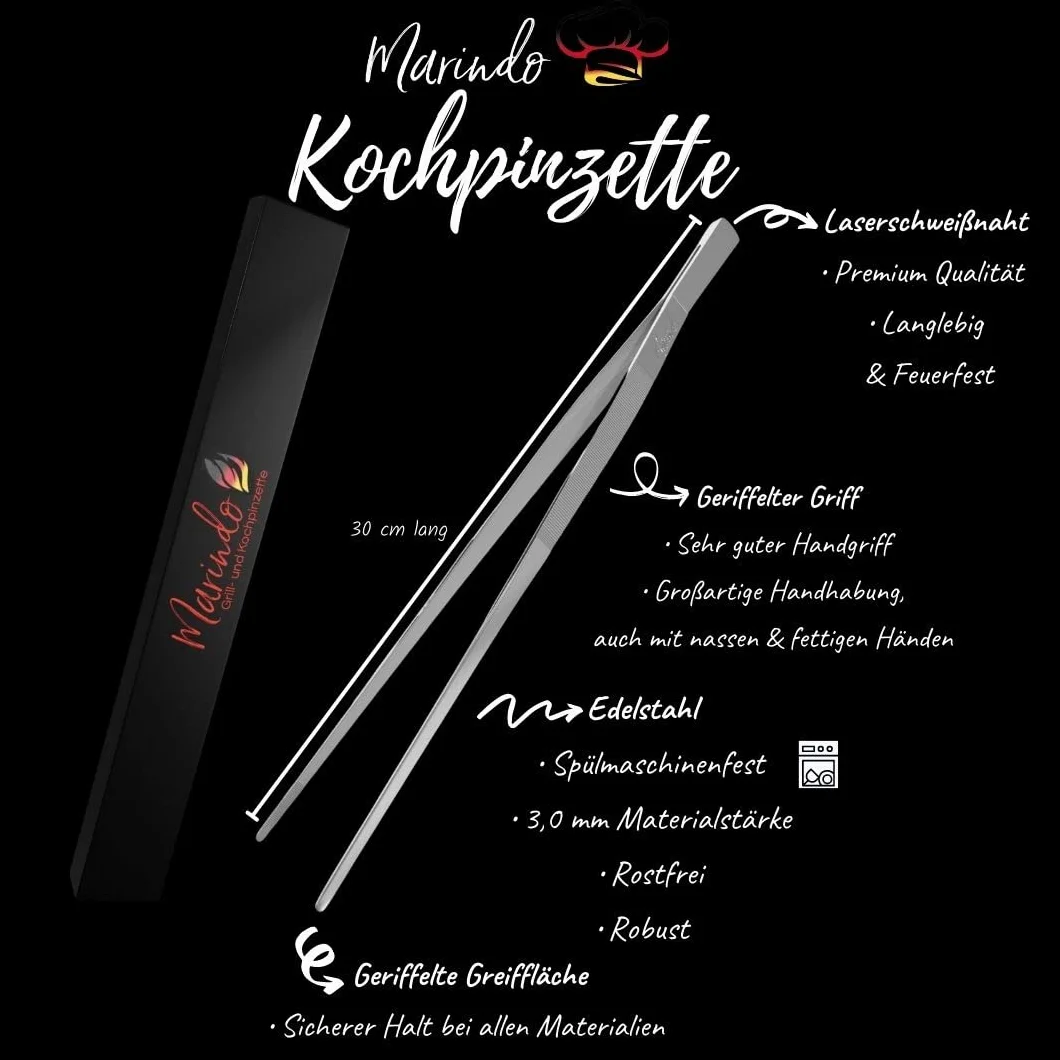 Marindo Grillpinzette | Kochpinzette | Küchenpinzette | 30cm lang | rostfreier Edelstahl | spülmaschinenfest | gerade Form | Fleischpinzette | Bratpinzette (Edelstahl)
