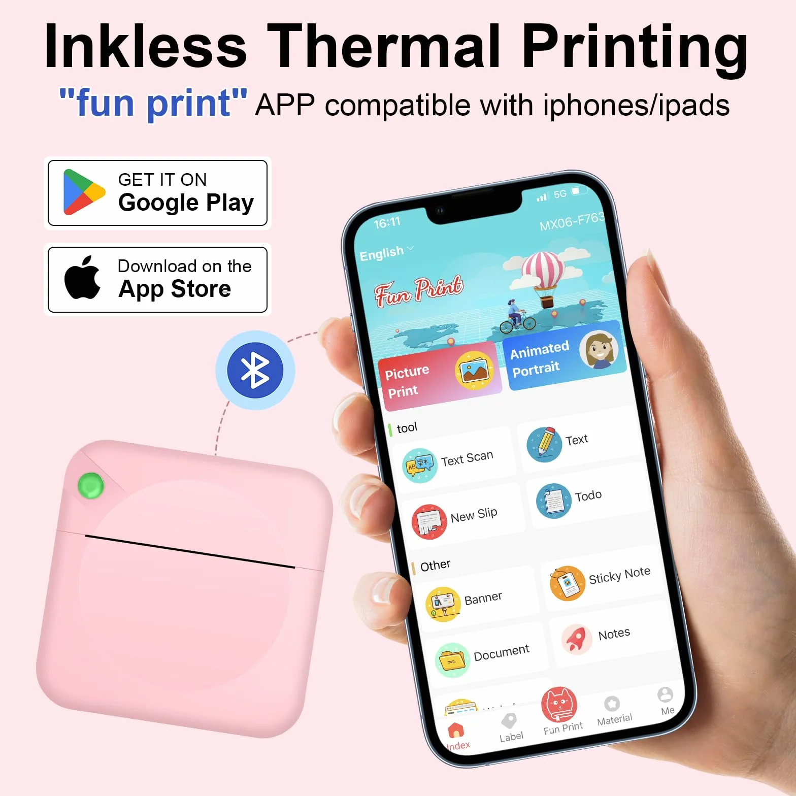 Przenośna mini termiczna drukarka fotograficzna Bluetooth z 13 rolkami papieru, USB do notatek, pamiętnik (różowy)