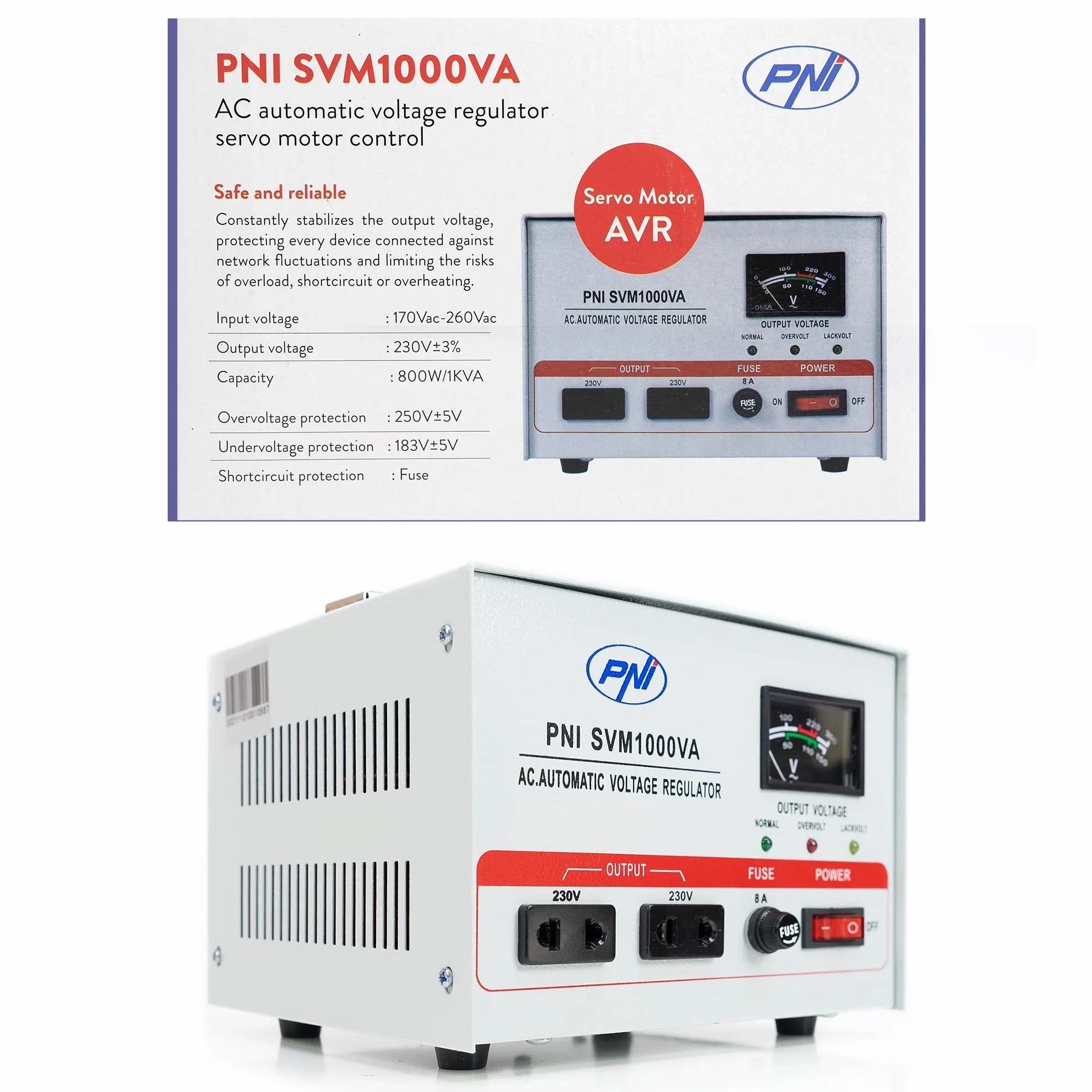 Stabilizator napięcia PNI SVM1000VA 800 W 3,6 A 230 V