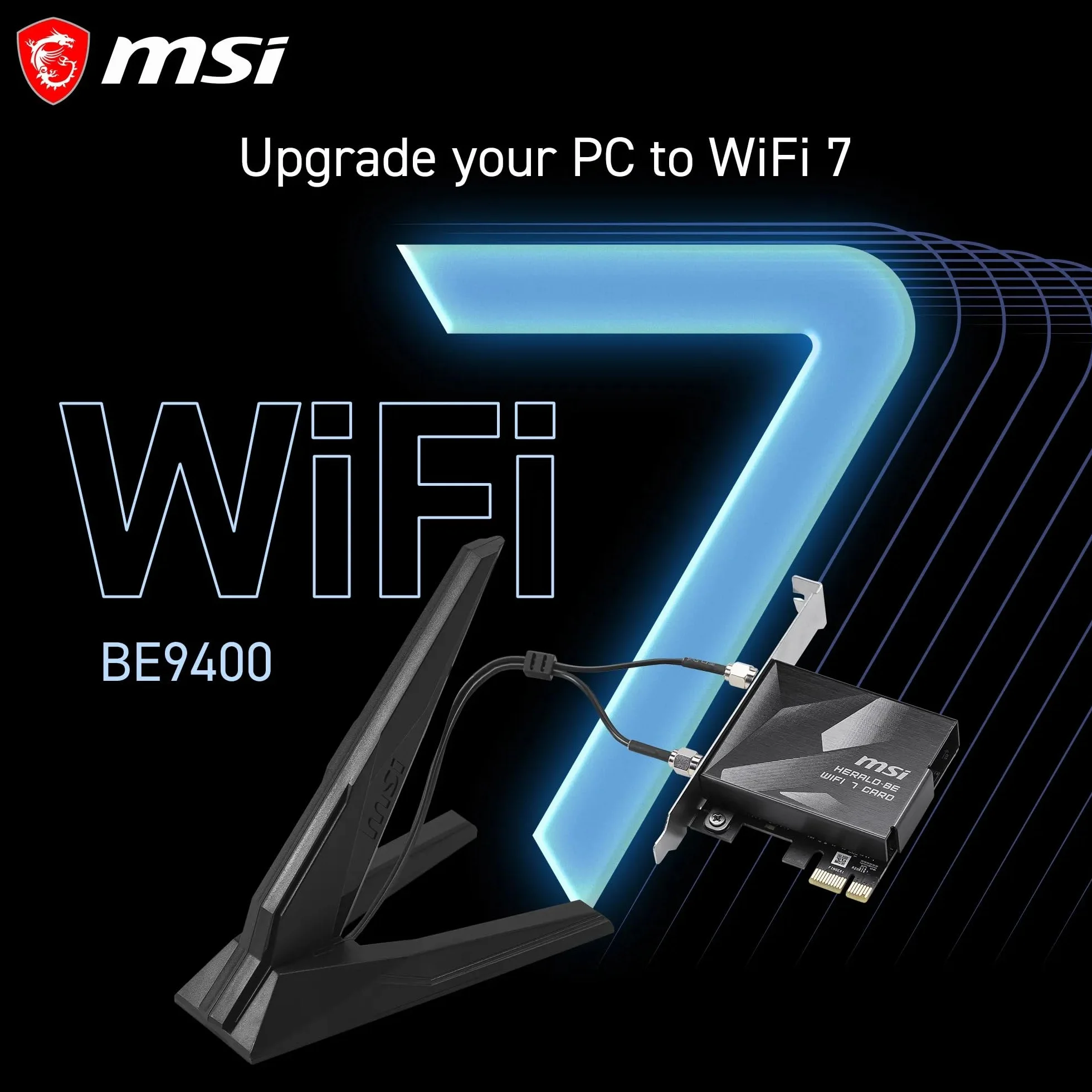 MSI Herald BE9400 7-pasmowa karta PCIe WiFi do komputera stacjonarnego, Bluetooth 5.4, 6 GHz, MLO, 320 MHz, 5,8 GB/s