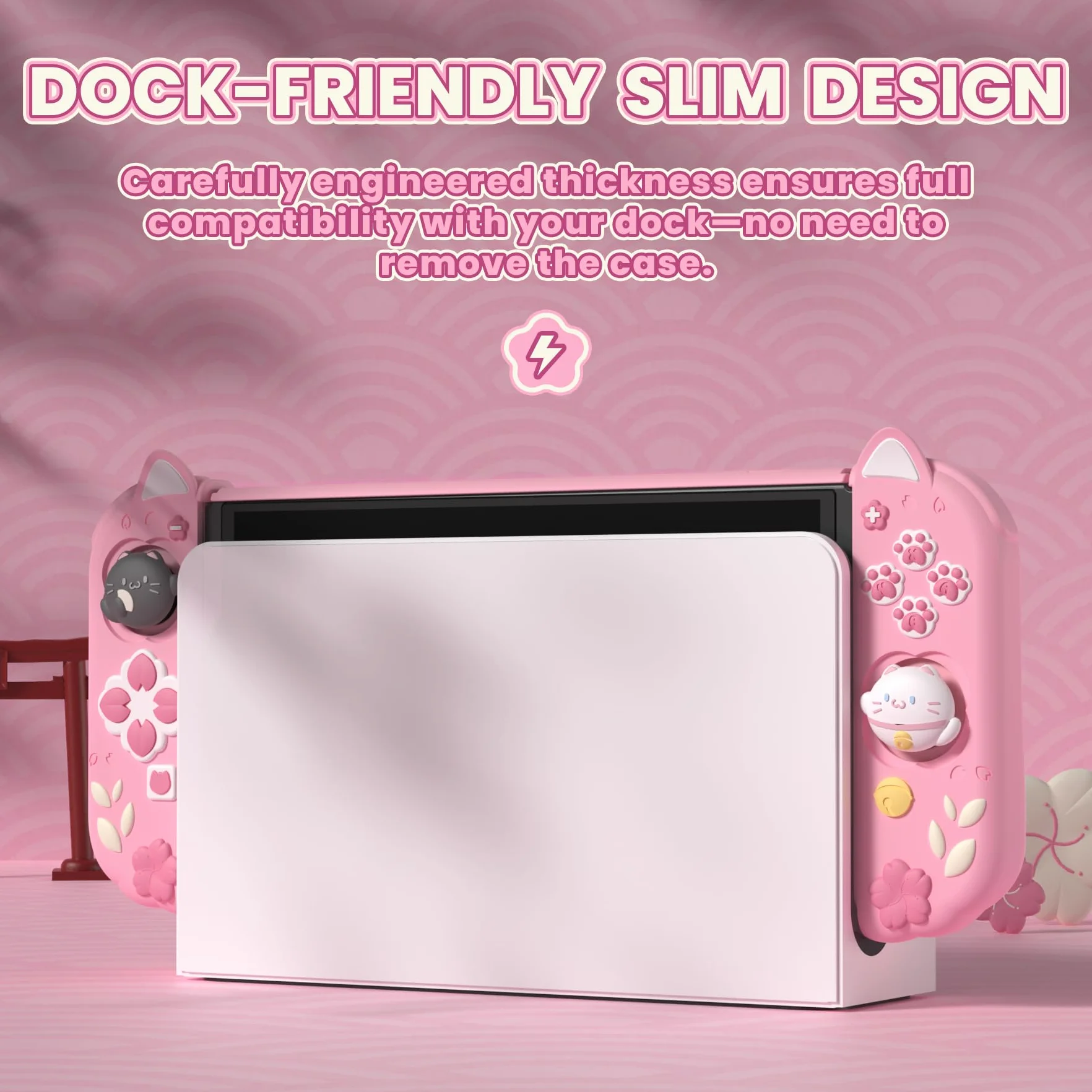 PlayVital Etui Ochronne do Switch OLED z Podpórką, Nakładkami na Joysticki, Twarda Obudowa Kompatybilna z Dockiem, Silikonowy Grip do Joyconów – Różowy Kotek Kwiaty Wiśni
