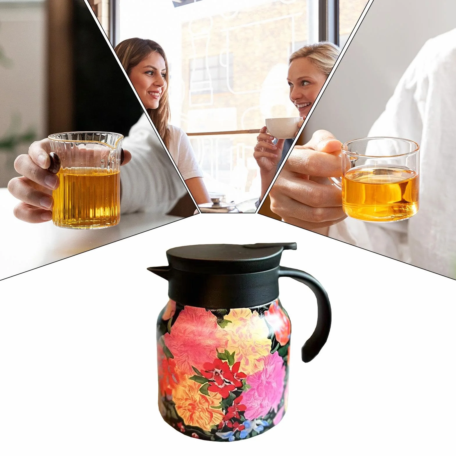 Termo do herbaty z zaparzaczem – 800 ml, termiczny dzbanek do herbaty, izolowany czajniczek z kwiatowym wzorem, czajnik zatrzymujący ciepło, próżniowy garnek termiczny ze stali nierdzewnej do