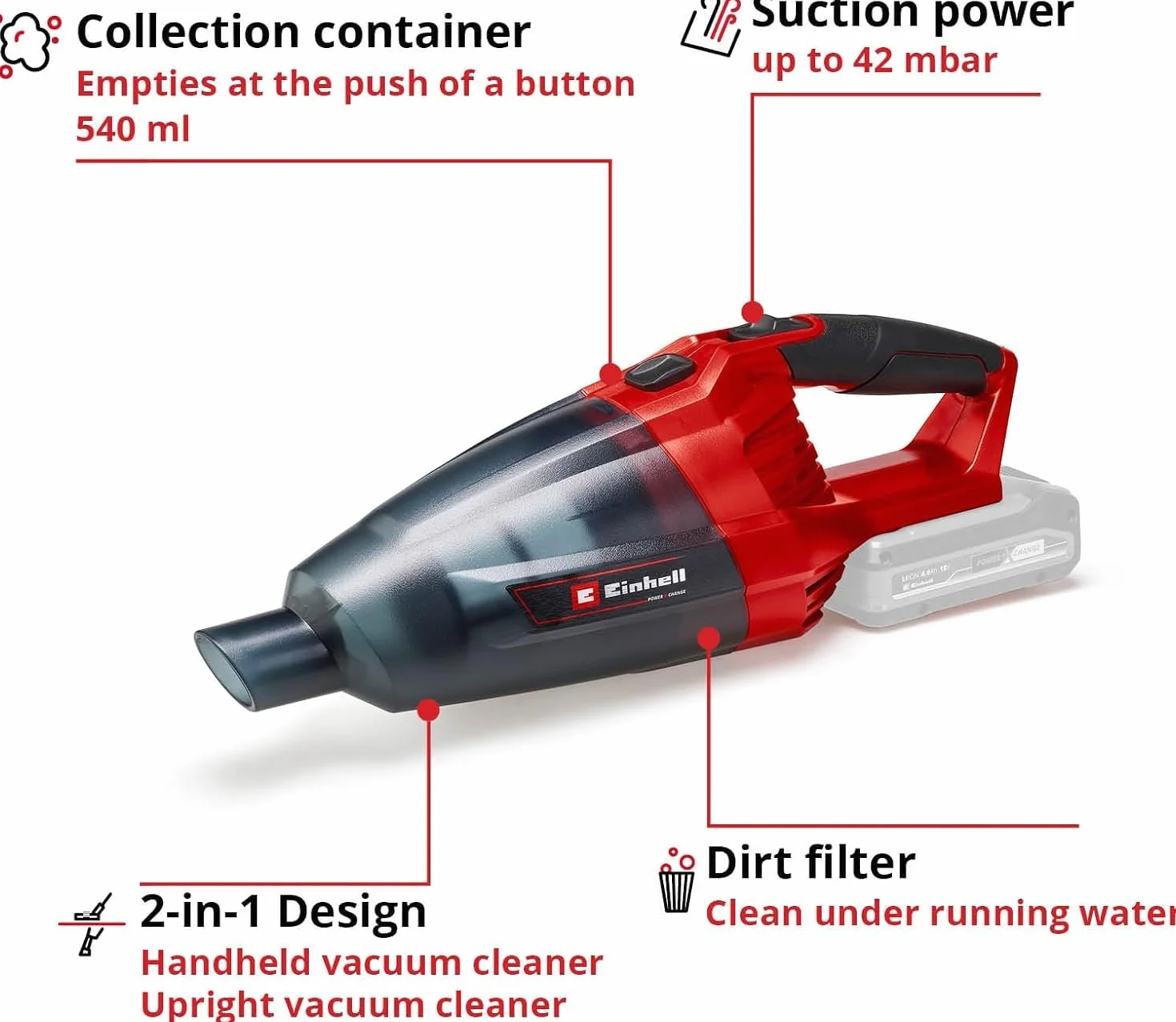 Einhell Akumulatorowy odkurzacz ręczny TE-VC 18 Li-Solo Power X-Change (litowo-jonowy, pojemnik na kurz 540 ml, w tym 3 ssawki, przedłużenie, uchwyt ścienny, bez akumulatora i ładowarki)