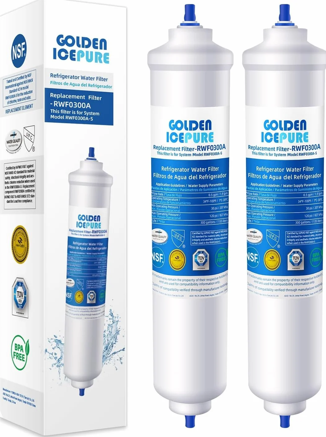 GOLDEN ICEPURE Filtr wody do lodówki do Samsung DA29-10105J HAFEX/EXP DA99-02131B WSF-100 EF9603 2 sztuki