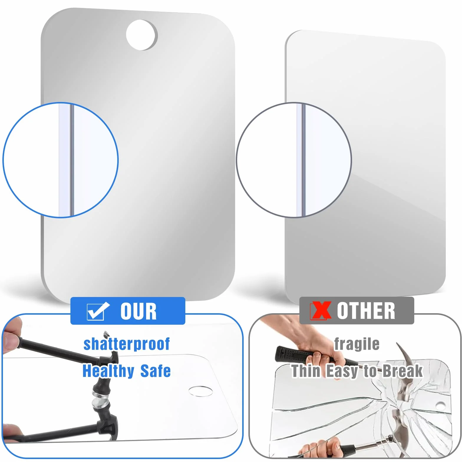 Tyqour Lusterko do golenia pod prysznic, lustro prysznicowe, 13 x 17 cm, lustro do makijażu pod prysznic, bezramowe lustro prysznicowe, unbreakable Fogless Shower Mirror, w zestawie 1 haczyk