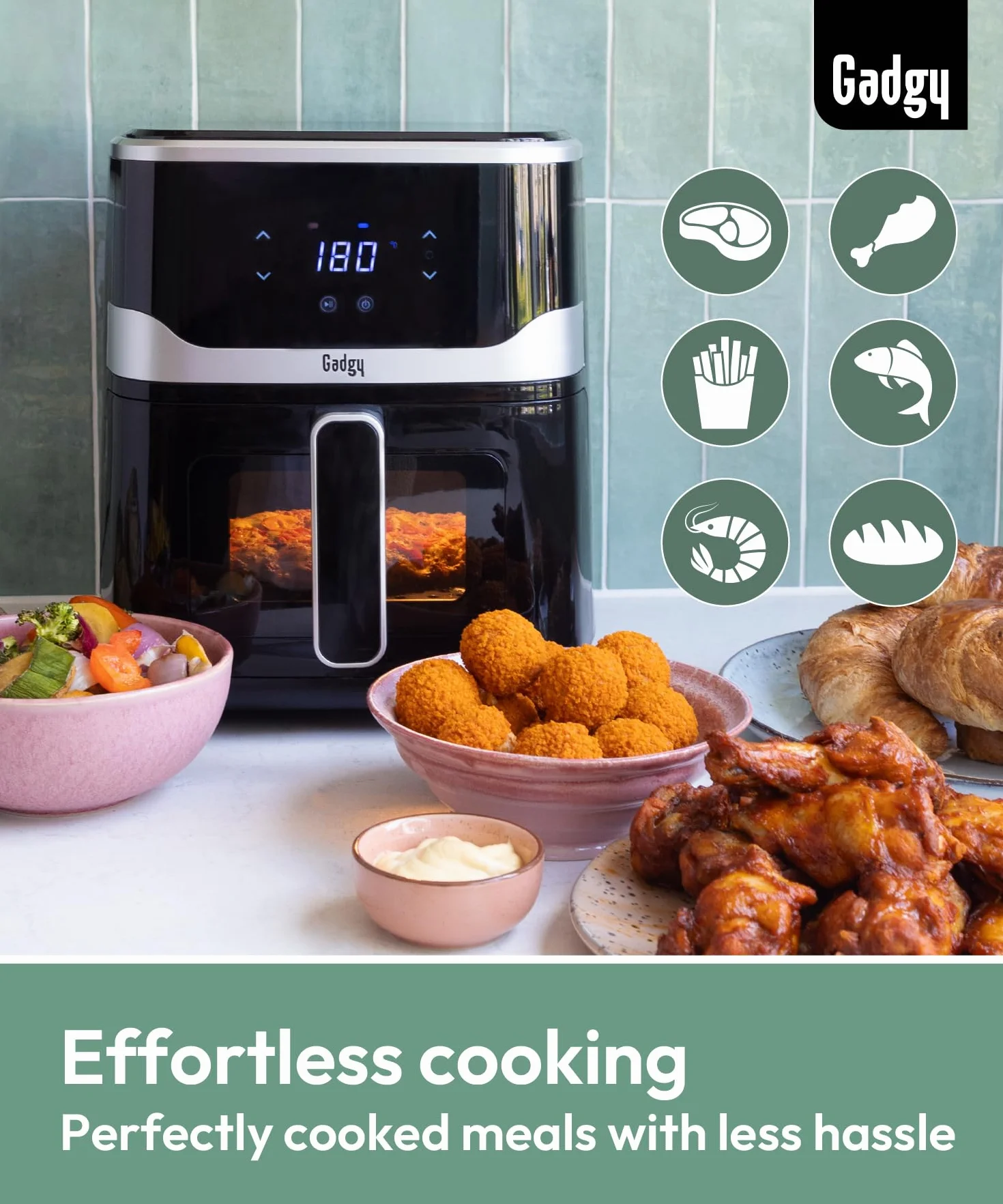 Gadgy Frytkownica Beztłuszczowa z Okienkiem 5L - Airfryer z Powłoką Nieprzywierającą - 1400W Frytura Bez Oleju - Regulowana Temperatura 80°C-200°C - Cyfrowy Ekran Dotykowy