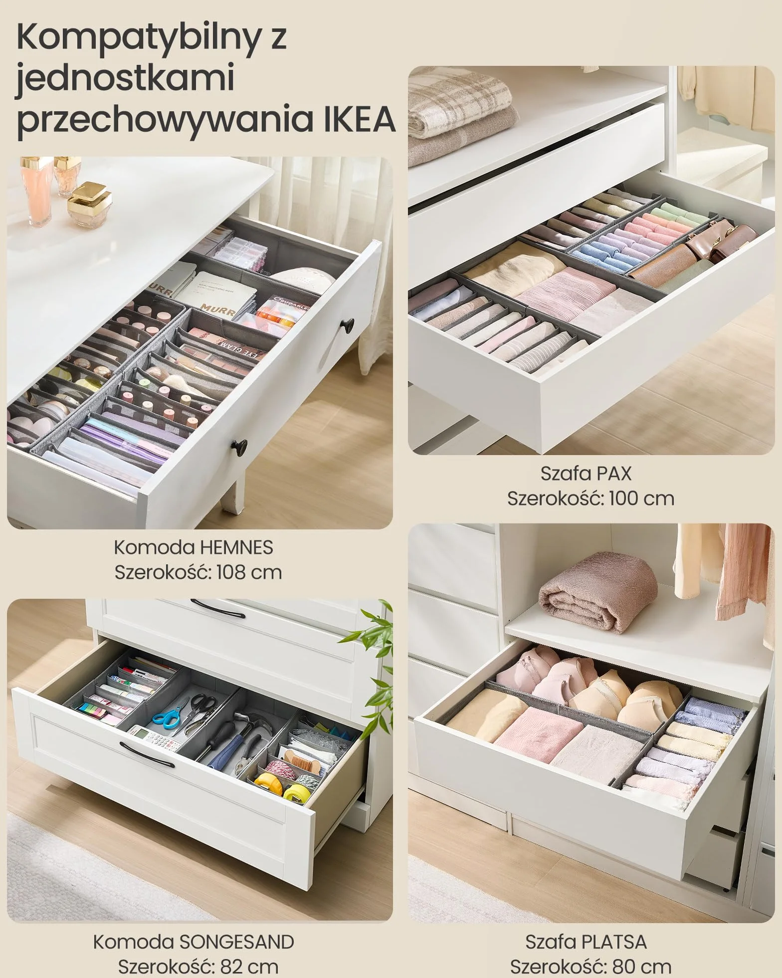 SONGMICS Zestaw organizerów na bieliznę 4 szt., organizer do szuflady do szafy IKEA PAX, bez przegródek, składany organizer do szafy, 50 x 22 x 10 cm na skarpetki, gołębi szary RUS013G01