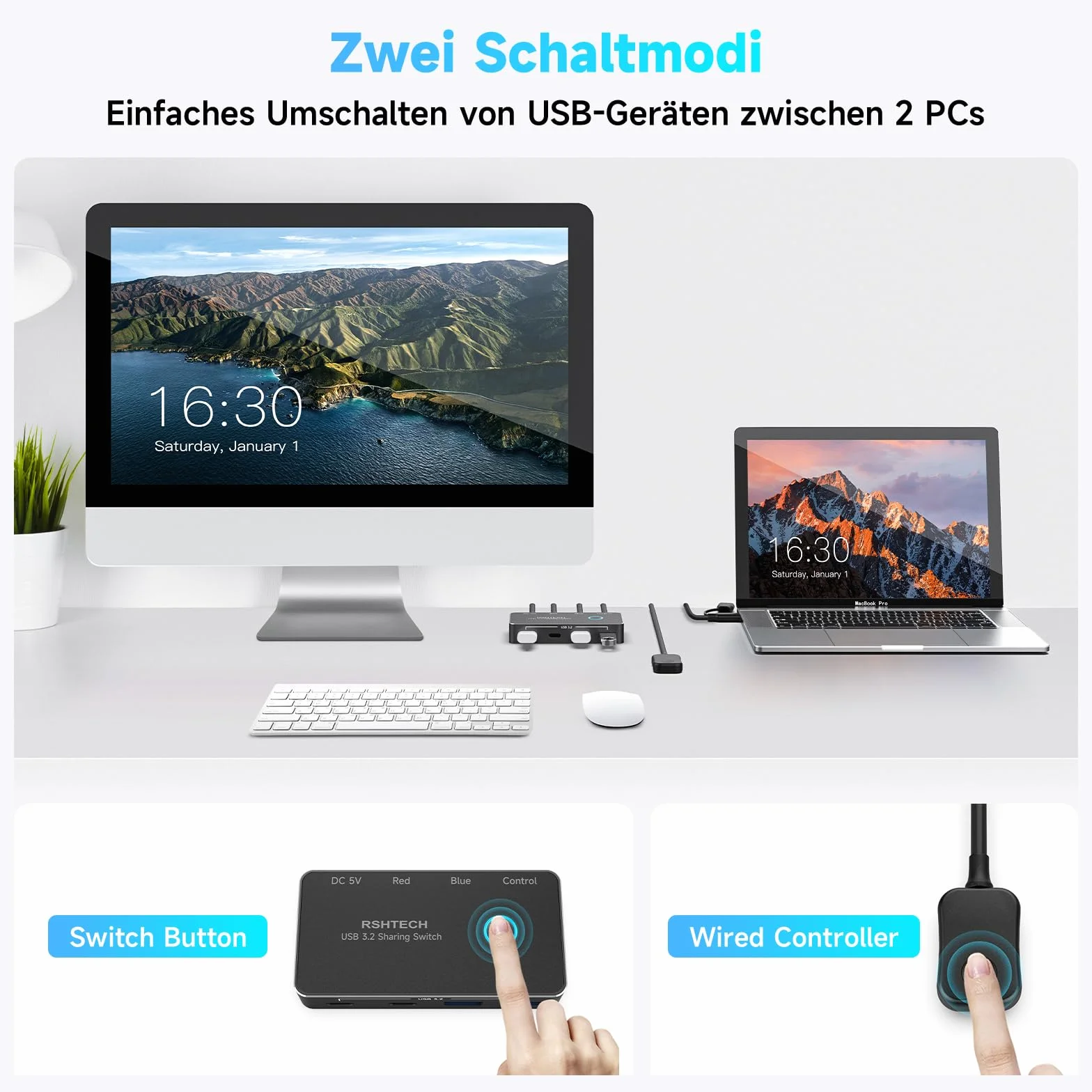 RSHTECH Przełącznik Kvm 10 Gbps 2 PC 2 monitory – USB 3.2 przełącznik 2 w 1 out, przełącznik USB z 2 typami A i 2 typami C – w zestawie kontroler do komputera stacjonarnego i 2 kable do transmisji