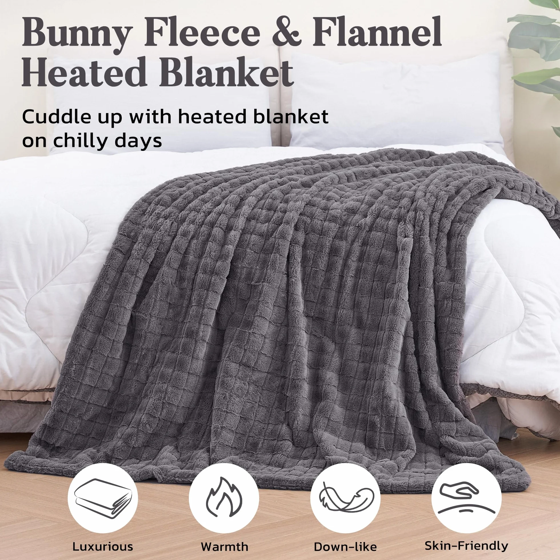 CURECURE Elektryczny koc grzewczy 130x180cm, 3D siatka króliczy fleece & Flanela, 4 ustawienia grzania, Auto wył. 10H, Nadający się do prania maszynowego koc grzewczy na łóżko kanapę biuro