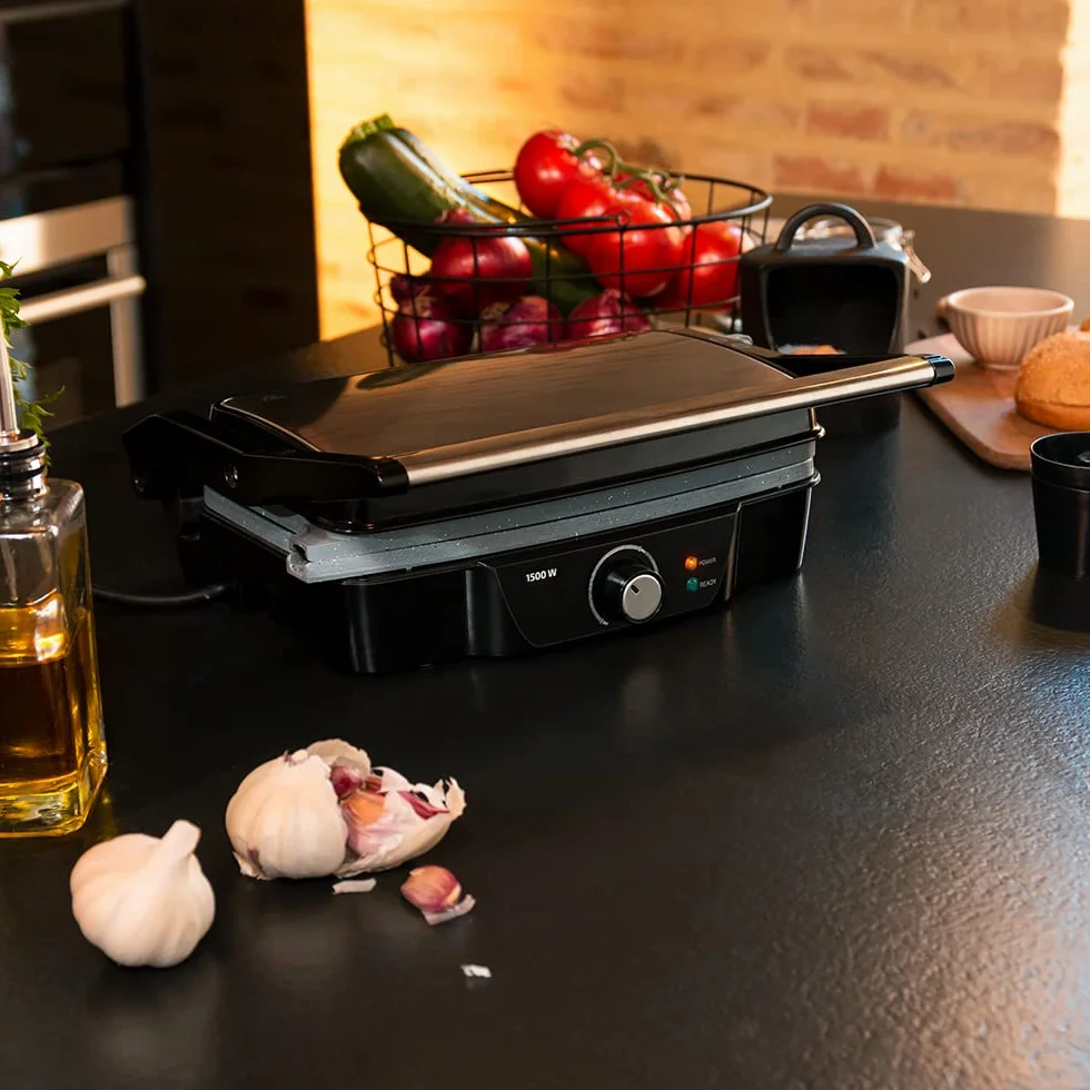 Cecotec Grill elektryczny Rock'nGrill 1500 Kamienna Ceramika Mix&Grill. 1500 W, Grill, Grill, Żelazko i Sandwicher, Powłoka ceramiczna, Mieszane Superfie, Otwarcie 180º, Szuflada zbieracza